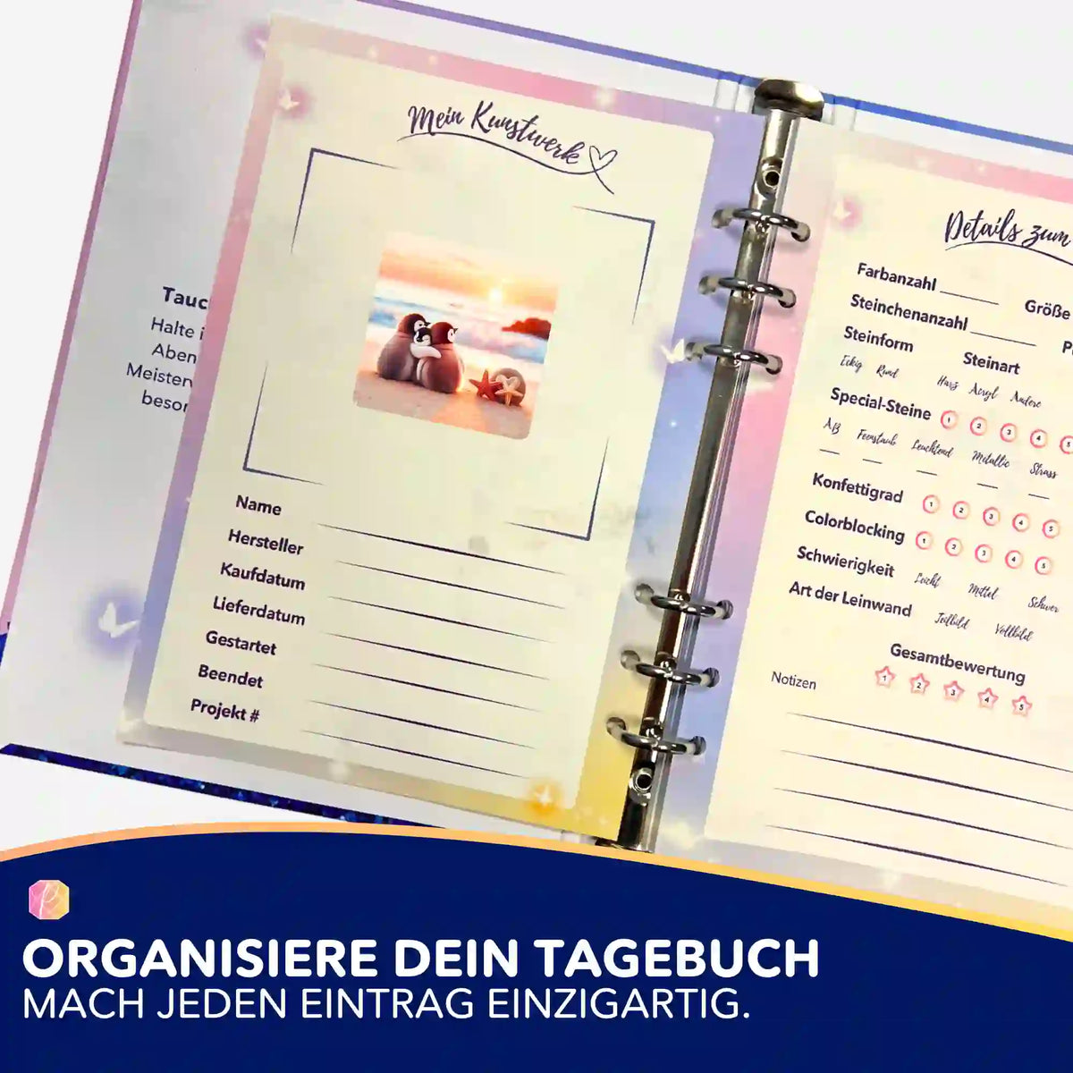 Picmondoo Diamond Painting Tagebuch mit Happy Family am Strand Aufkleber zur Organisation von Projektdetails