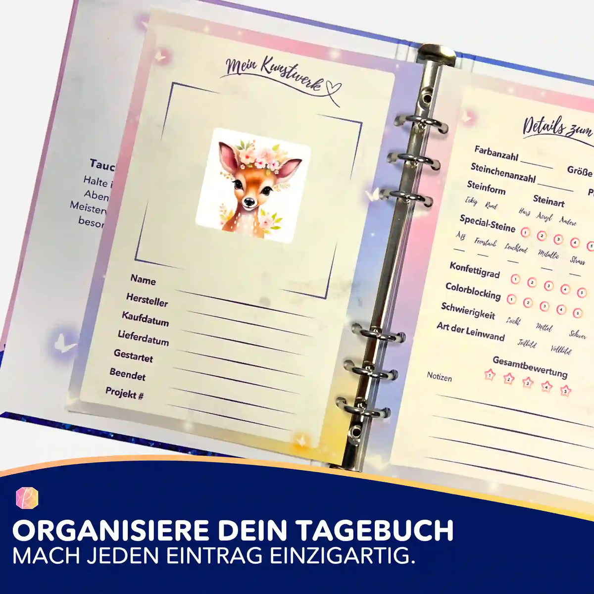 Bambi Babsy Sticker im Diamond Painting Tagebuch zur Organisation von Projekten und Malen nach Zahlen Sets.