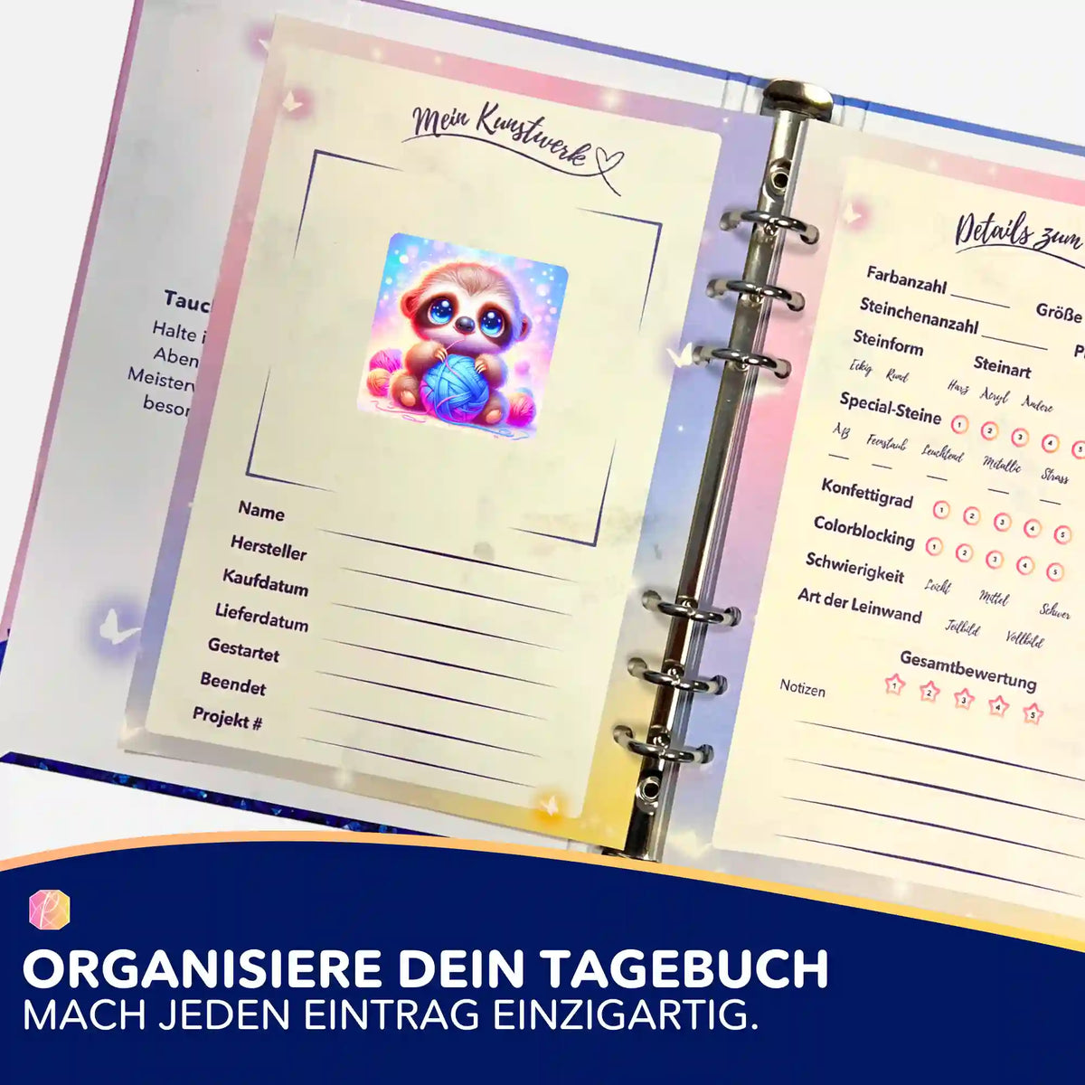 Otto Wollo Aufkleber im Diamond Painting Tagebuch zur Projektorganisation von DIY Bastelsets