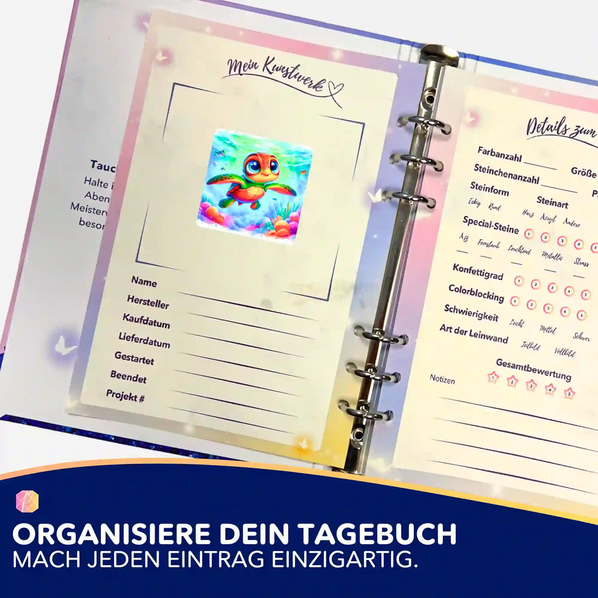 Picmondoo Diamond Painting Sticker Lotta Schildkröte zur Organisation im Tagebuch für DIY-Kunstwerke