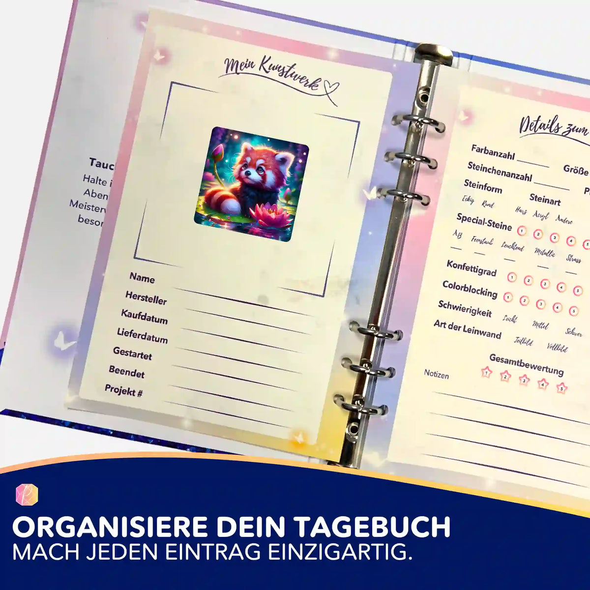Miko Aufkleber in einem Diamond Painting Tagebuch zur Organisation von Projektdetails und Kunstwerken