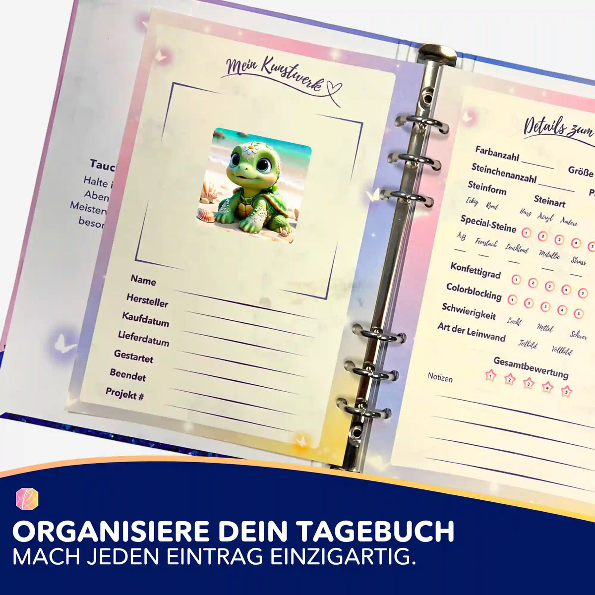 Sunny Schildi Aufkleber in einem Diamond Painting Tagebuch zur Organisation von DIY-Projekten