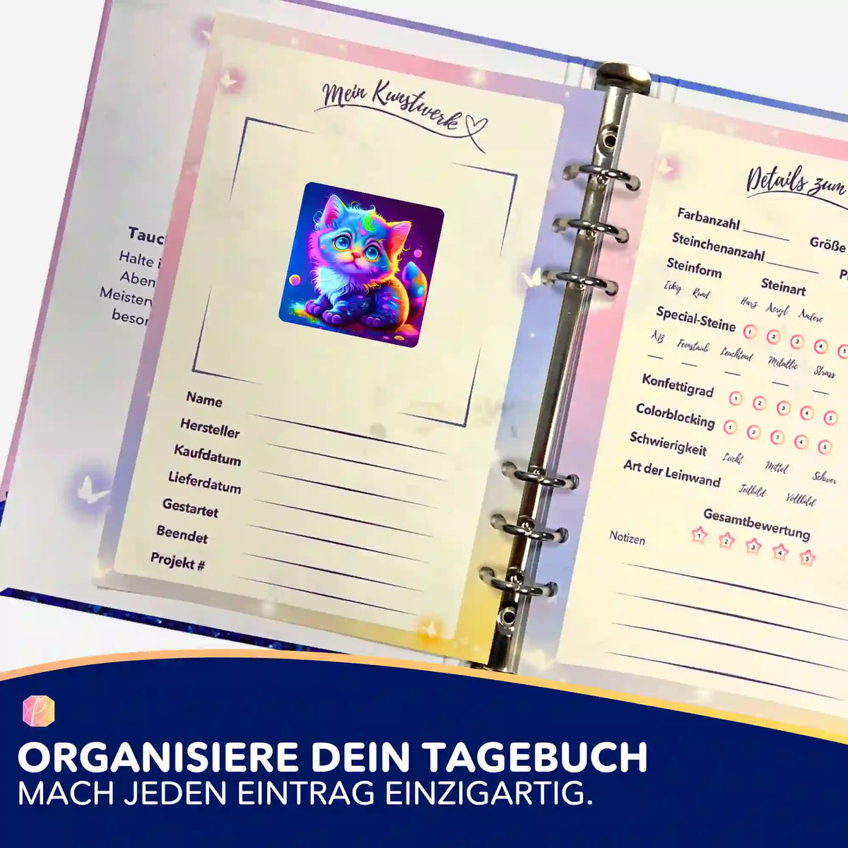 Buntes Rainbow-Kitty-Sticker-Set für dein Diamond Painting Tagebuch zur Organisation von Projektdetails