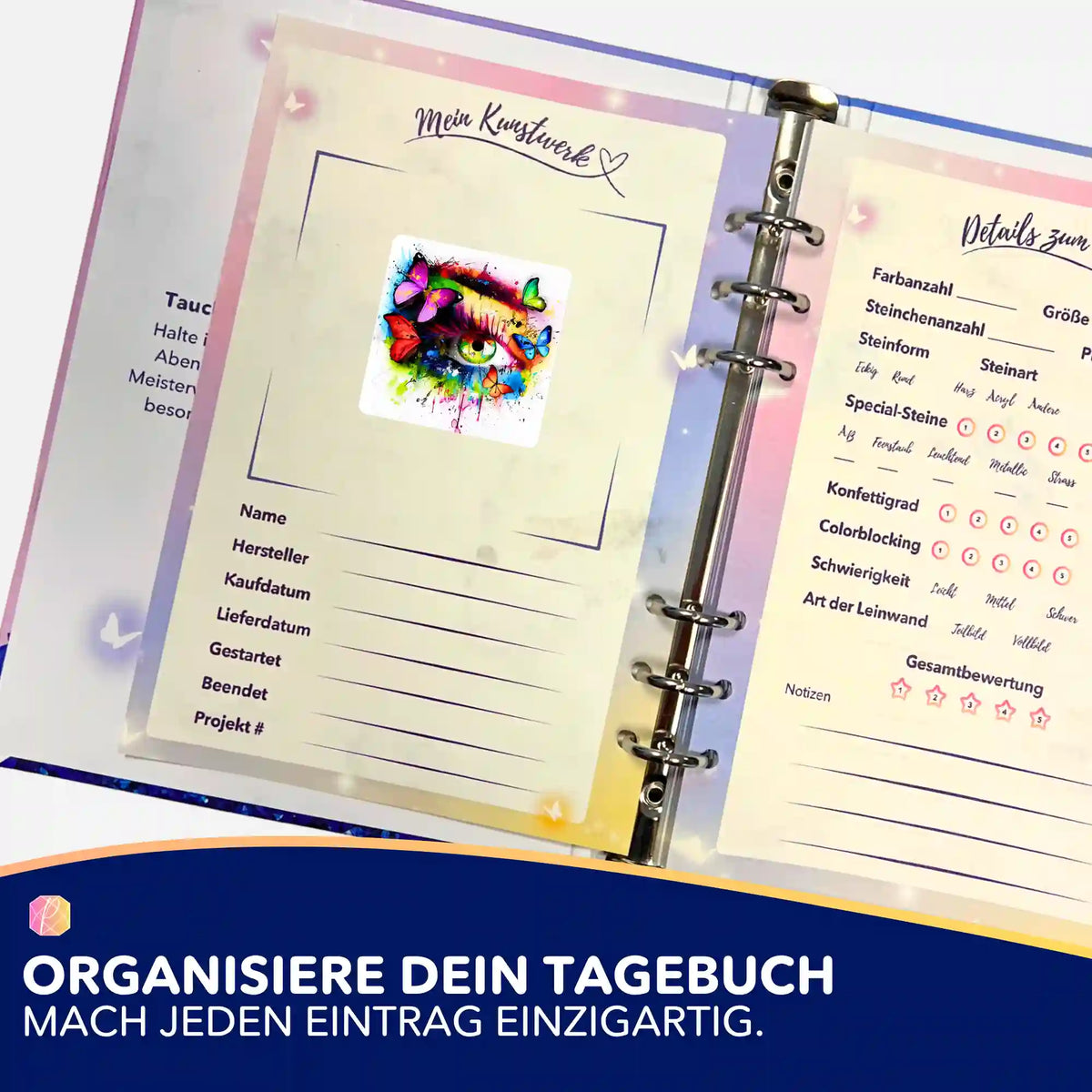 Eye of Butterflies Sticker in einem Diamond Painting Tagebuch zur Organisation von Projekten und Kunstwerken