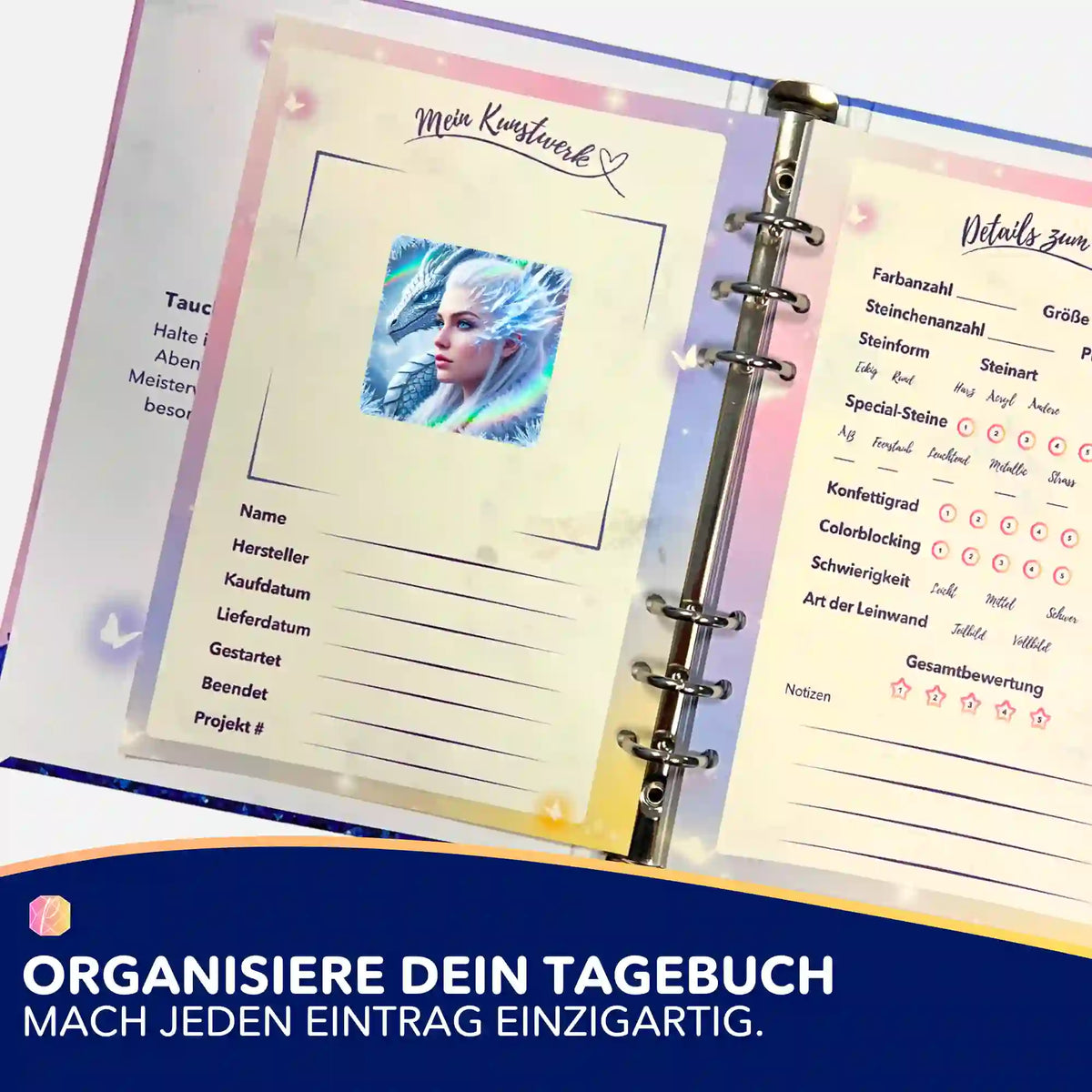Dragon Queen Aufkleber zur Organisation im Diamond Painting Tagebuch mit Details zu Projekt, Steinart und Schwierigkeit