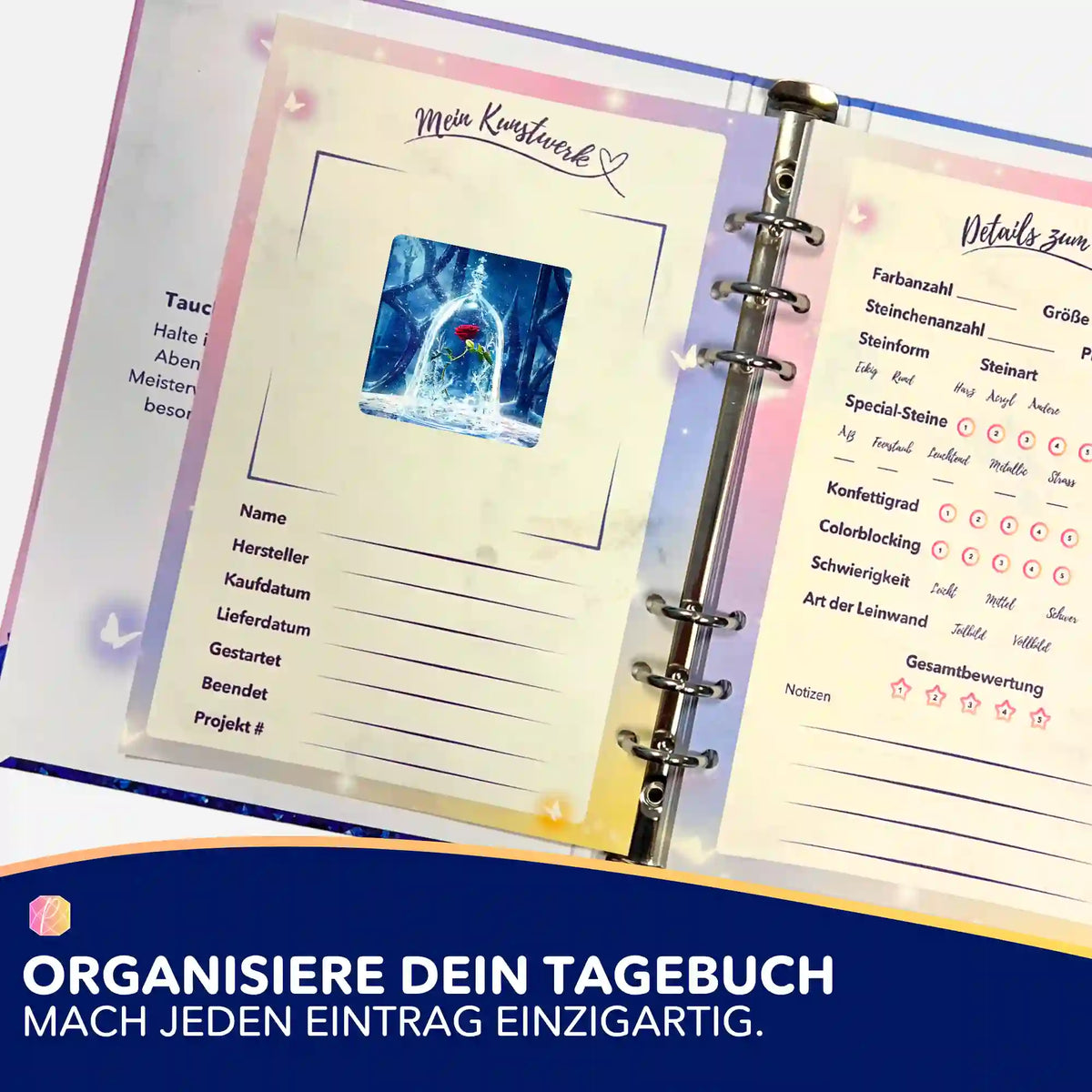 Picmondoo Diamond Painting Aufkleber Rose im Wunderglas zur Organisation im Tagebuch für Diamond Painting Fans