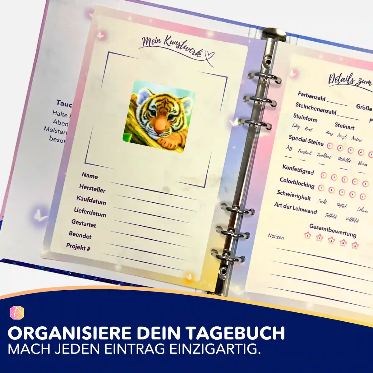Tigerbaby Aufkleber im Diamond Painting Tagebuch zur Organisation von DIY-Kunstwerken und Diamanten Painting Projekten