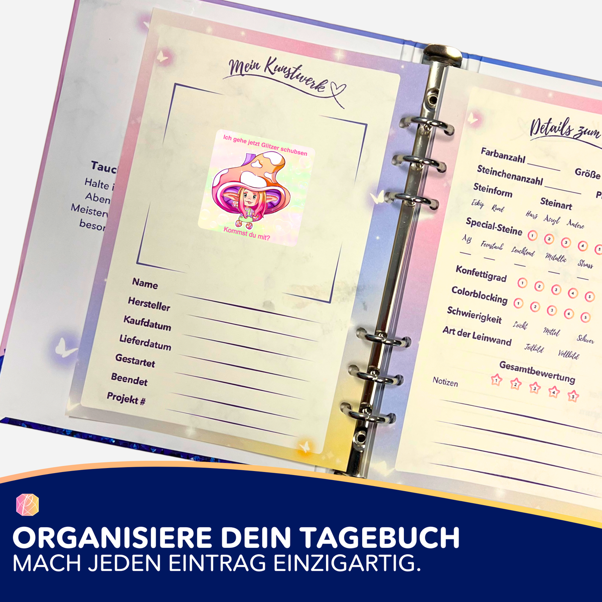 Moni Shroomi Sticker aus dem Diamond Painting Set in einem Planer zur Organisation von DIY-Kunstwerken.