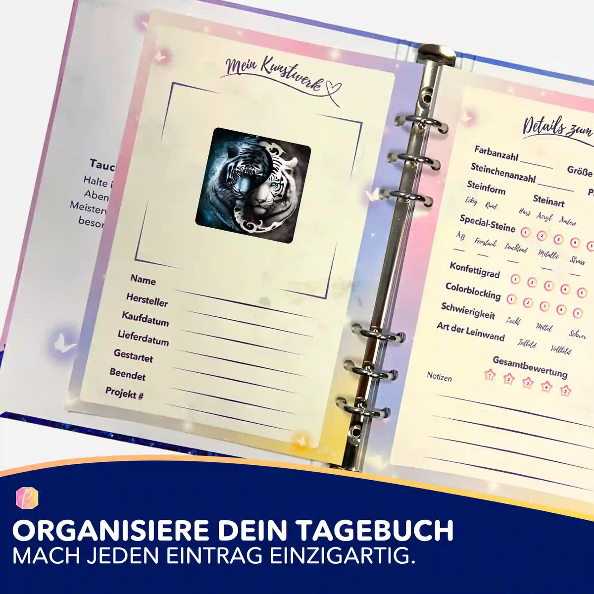 Tiger Ying und Yang Diamond Painting Sticker in einem Kunstwerk-Tagebuch zur Organisation von DIY-Projekten