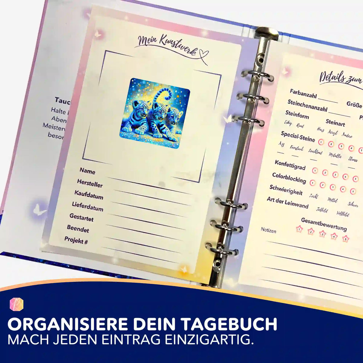 Leopardenbabys Sticker im Diamond Painting Tagebuch zur Organisation von DIY-Bastelsets