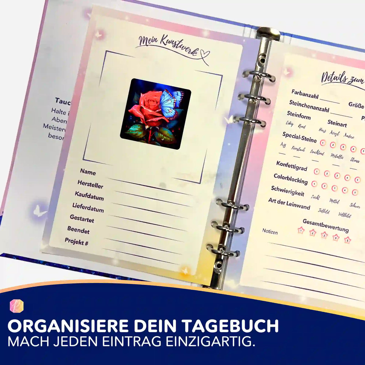 Picmondoo Diamond Painting Sticker Rote Rose mit blauem Schmetterling im Basteltagebuch zur Organisation