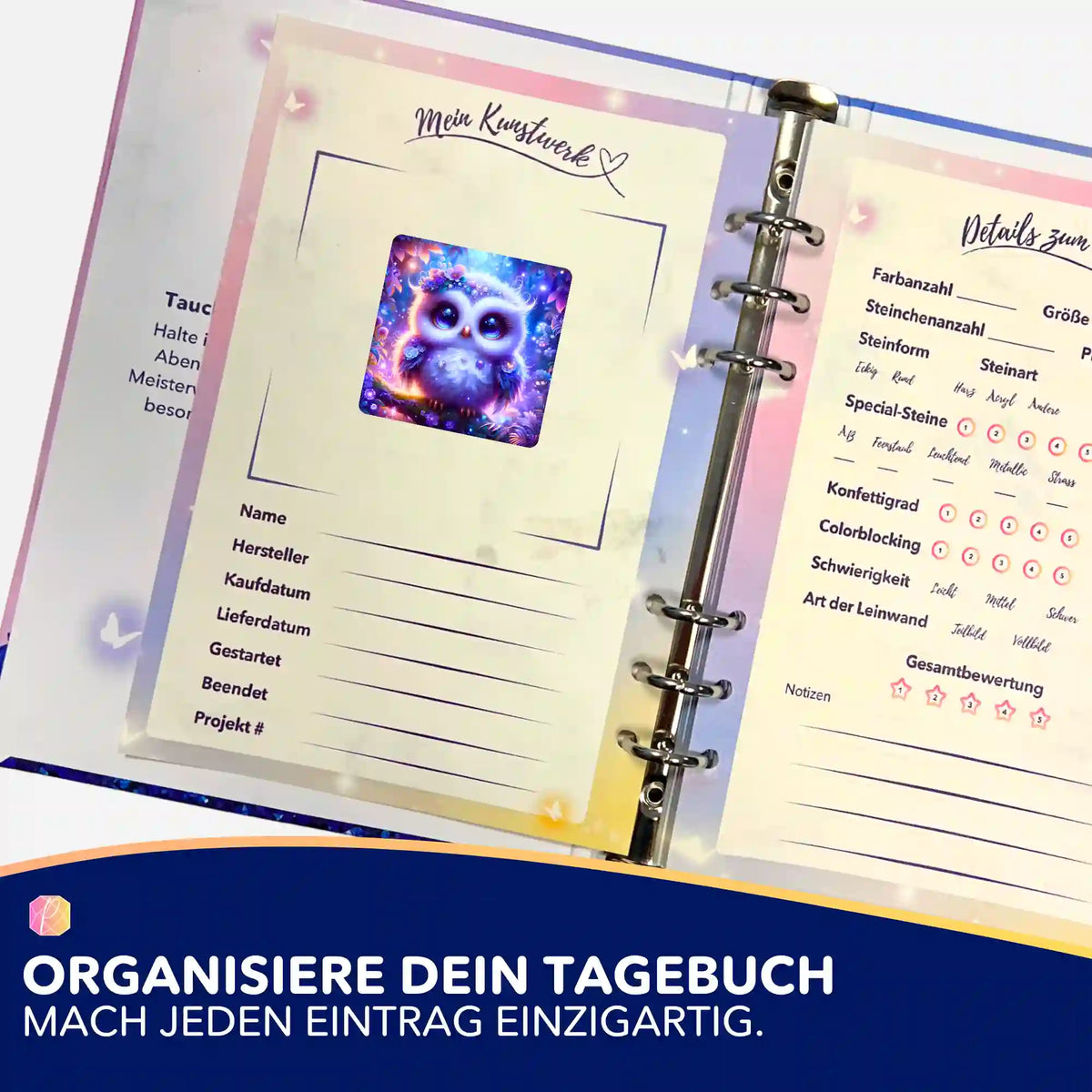 Buntes Eulen-Sticker-Set für Diamond Painting Tagebuch zur Organisation von Kunstwerken