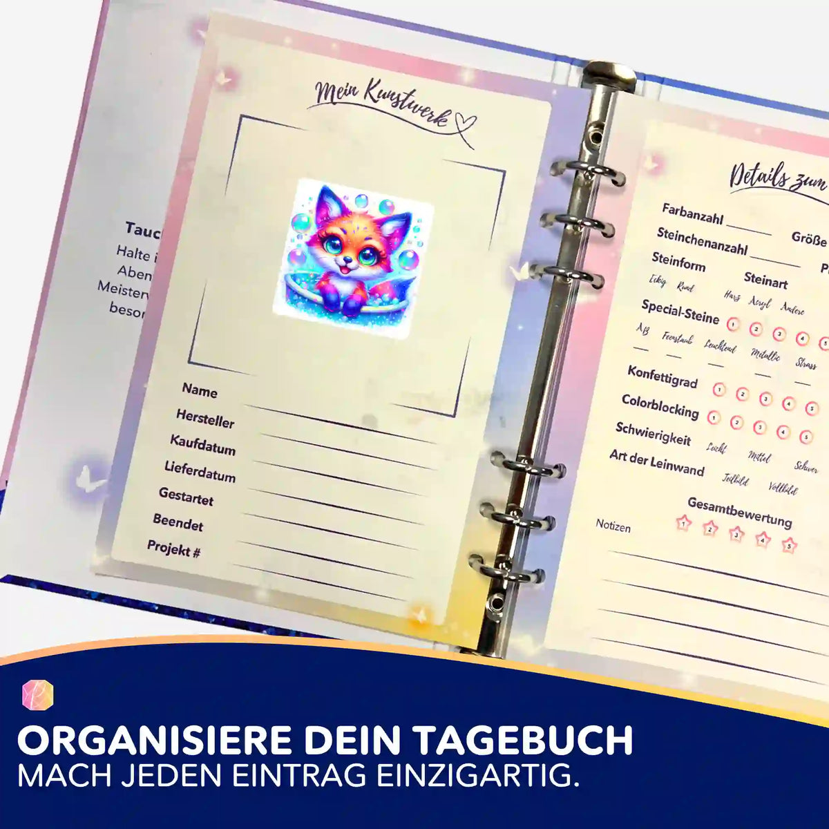 Foxy Fuchs Sticker für Diamond Painting Tagebuch zur Organisation von DIY-Kunstwerken und Malen nach Zahlen Projekten