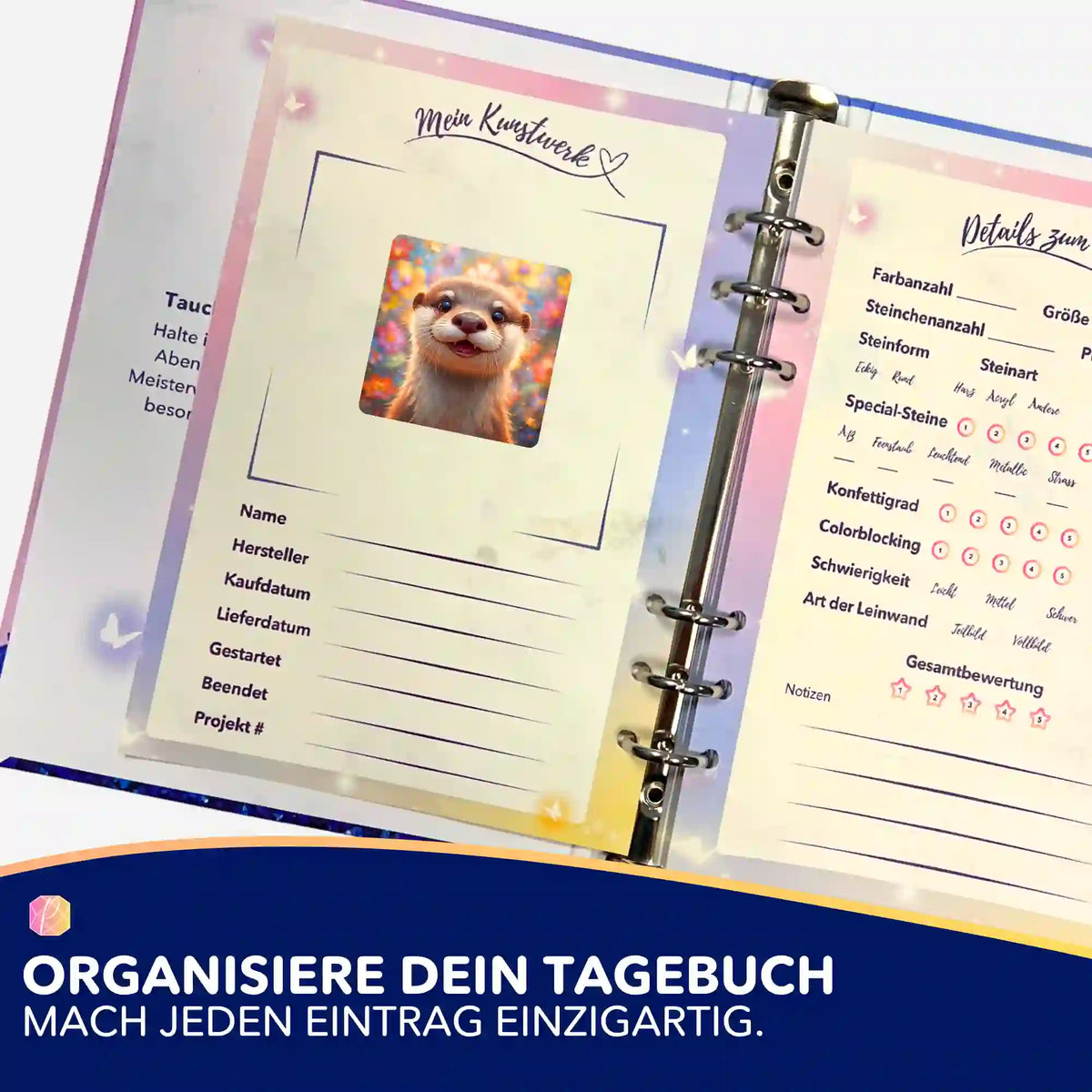 Süßer Otter-Aufkleber im Diamanten Painting Tagebuch zur Organisation deiner Diamond Painting Kunstwerke