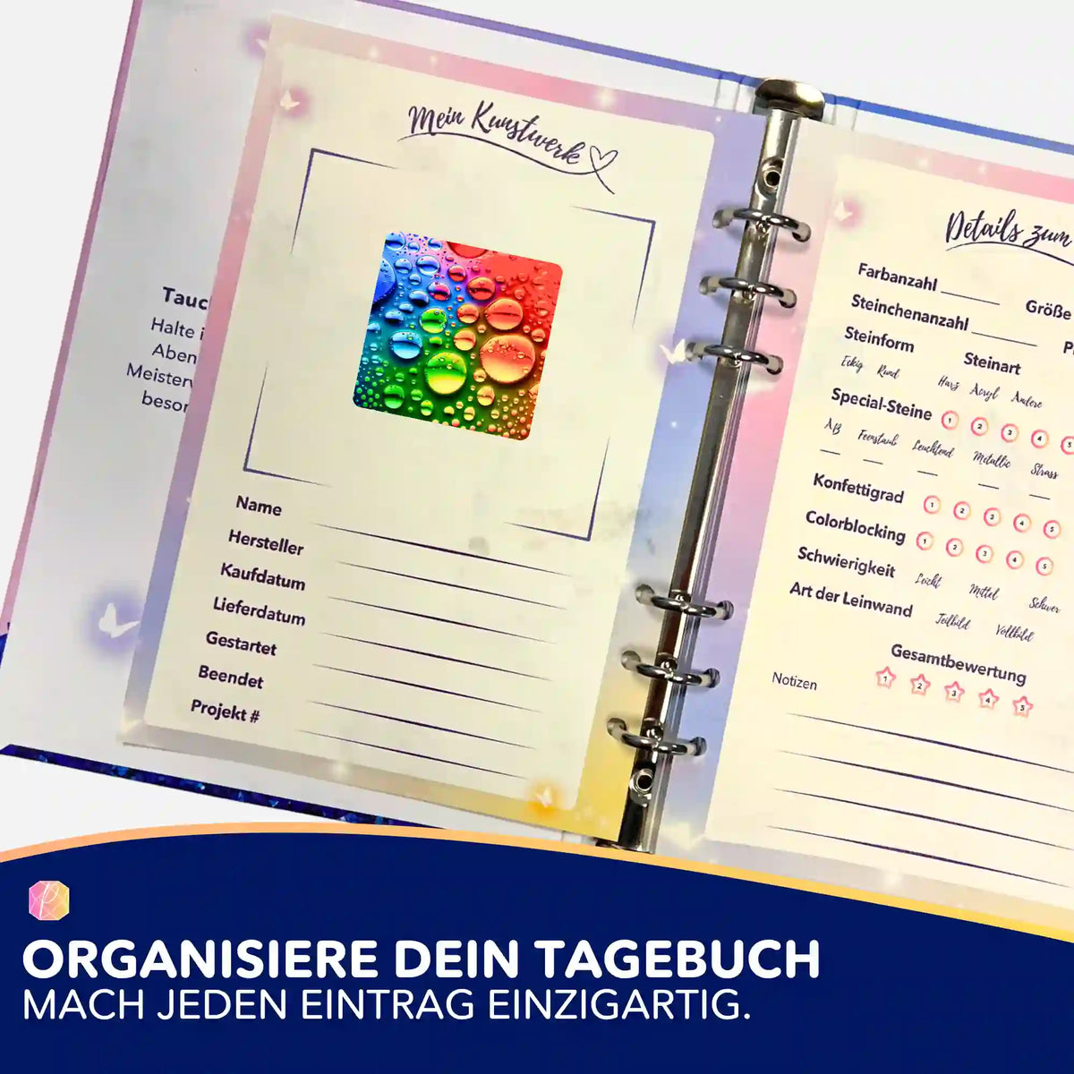 Picmondoo Colorful Raindrops Aufkleber zur Organisation von Diamond Painting Projekten im Tagebuch