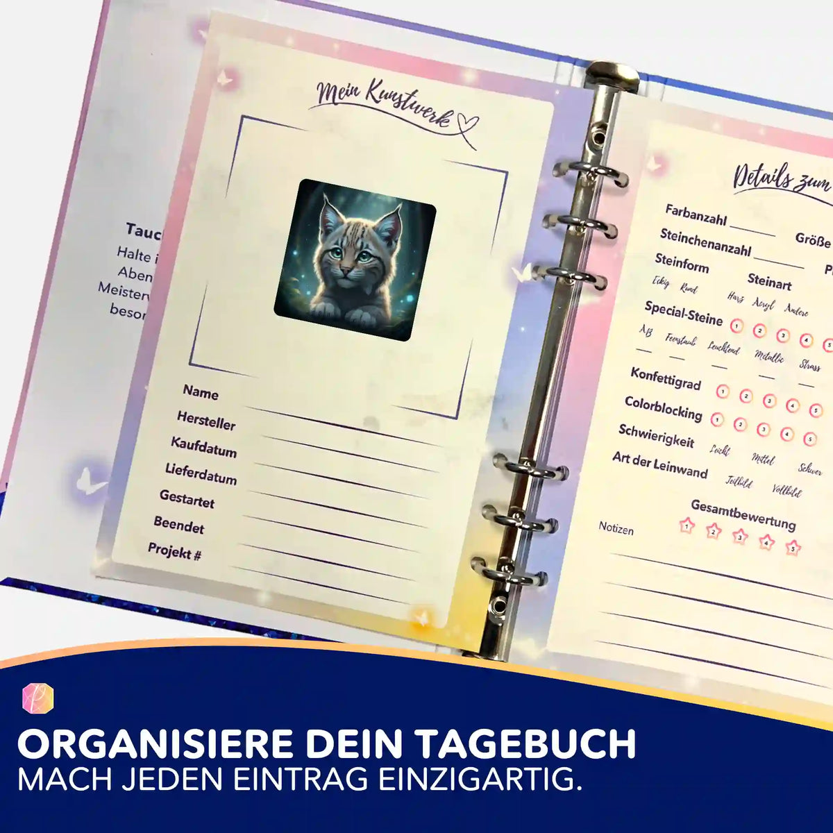 Picmondoo Sticker für Diamond Painting Tagebuch mit süßem Katzenmotiv zur Organisation deiner Kunstwerke
