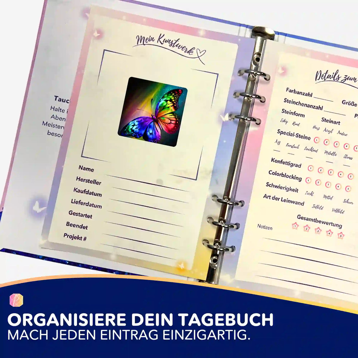Bunter Schmetterling Aufkleber im Diamond Painting Tagebuch zur Organisation von Bastelprojekten
