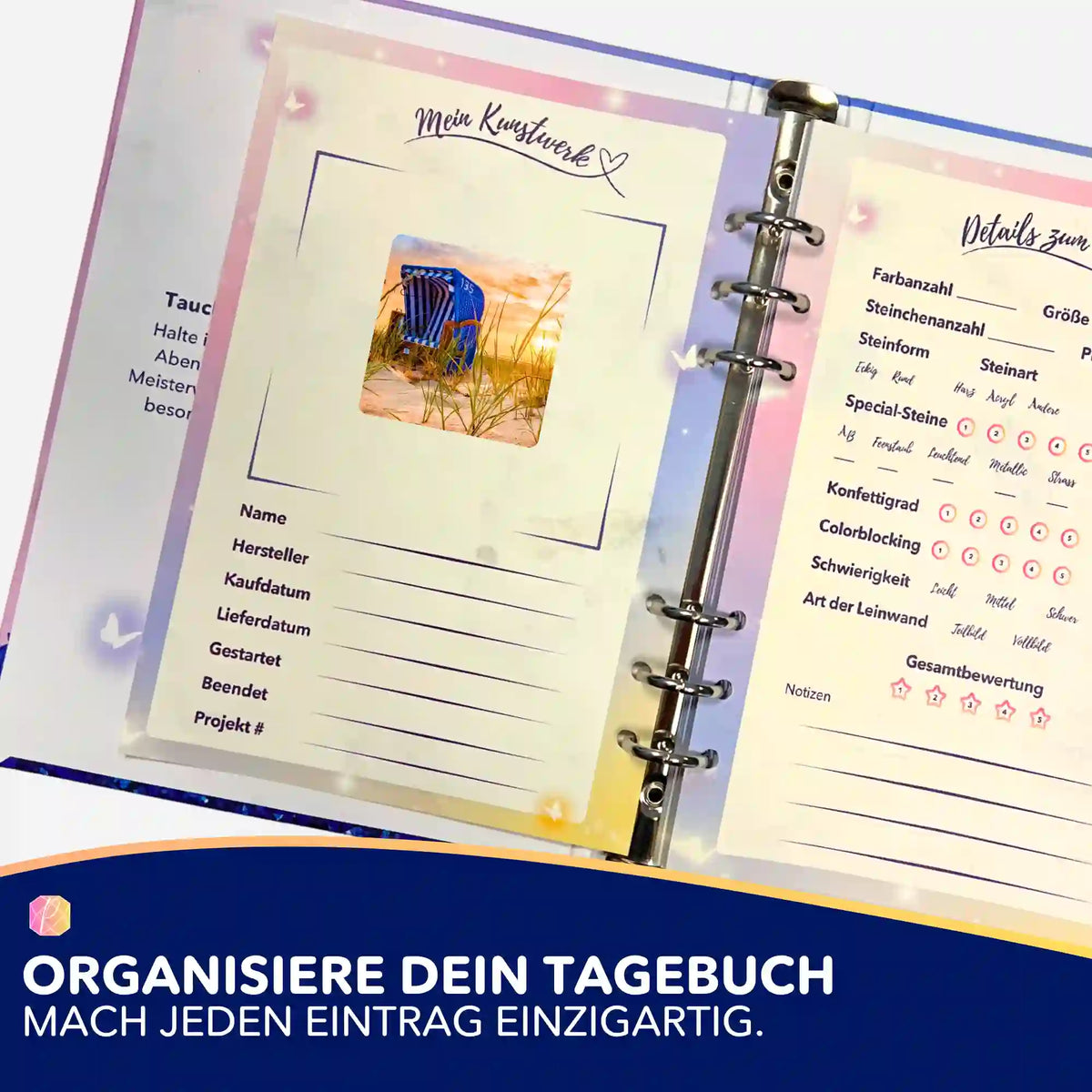 Picmondoo Diamond Painting Tagebuch mit 'Relaxtime am Strand' Sticker zur Organisation von Hobby-Projekten.