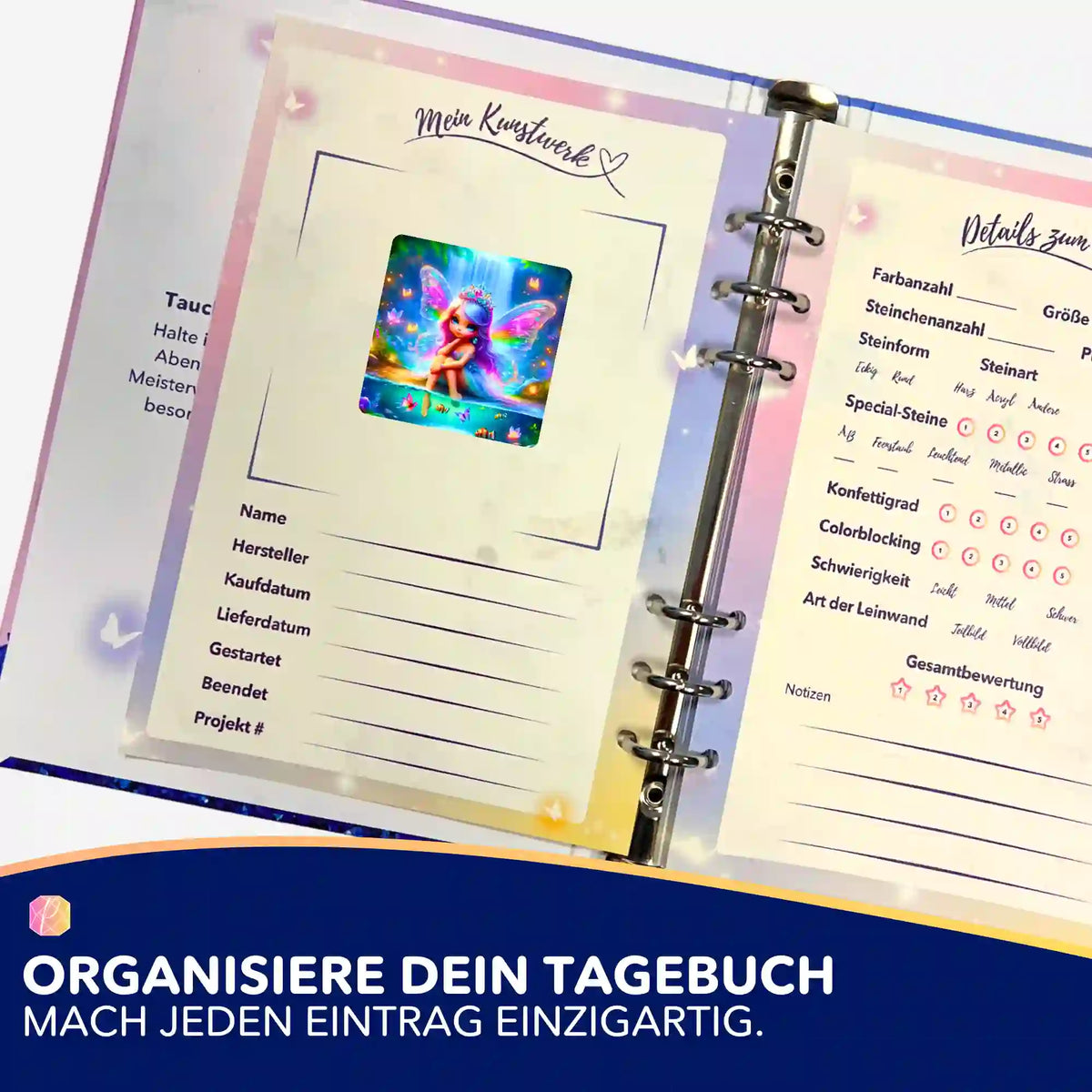 Picmondoo Diamond Painting Aufkleber Elfenmotiv im Tagebuch zur Organisation von DIY-Projekten