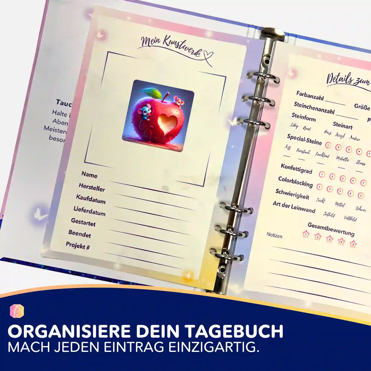Diamond Painting Tagebuch Sticker Liebe im Mäusehaus zur Organisation deiner Projekte und Malen nach Zahlen Kunstwerke