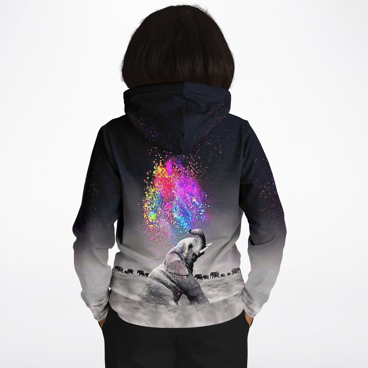 Dreamer Hoodie mit farbenfrohem Elefanten-Motiv und Farbenspiel-Design, ideal für kreative Diamond Painting Fans