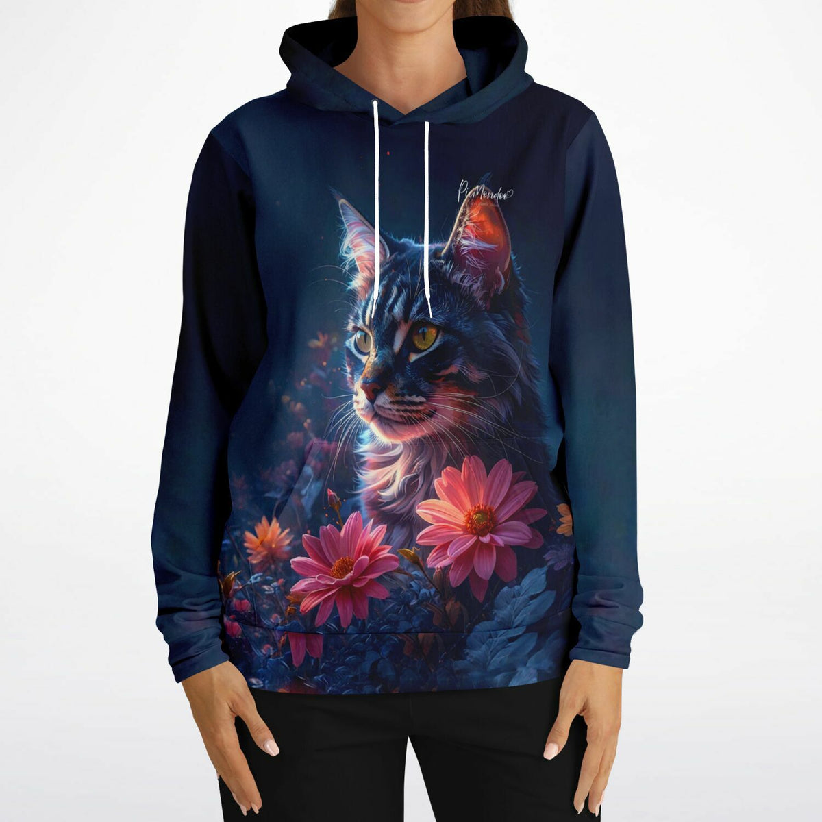 Dreamer Hoodie Segen der Bastet mit magischem Katzen-Motiv in nächtlicher Blumenlandschaft, perfekt für DIY-Fans