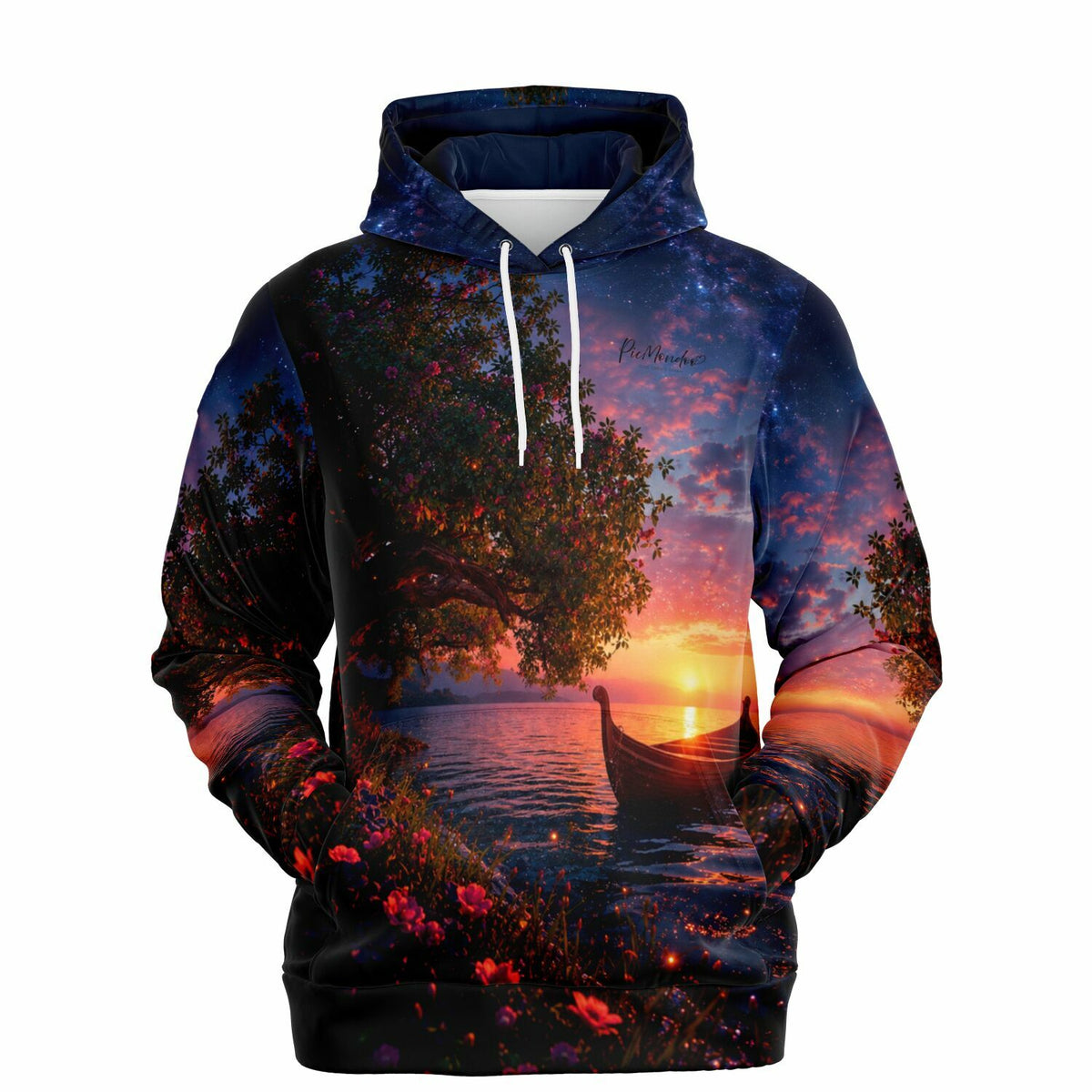 Dreamer Hoodie mit stimmungsvollem Bootsmotiv am See bei Sonnenuntergang, hochwertiger All-Over-Print im Kunst-Design