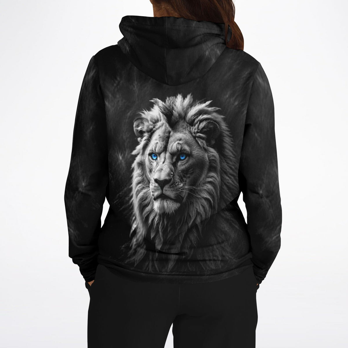 Schwarzer Hoodie mit Löwen-Print und markanten blauen Augen, perfekt für Fans von Diamond Painting und Kunst-Motiven.