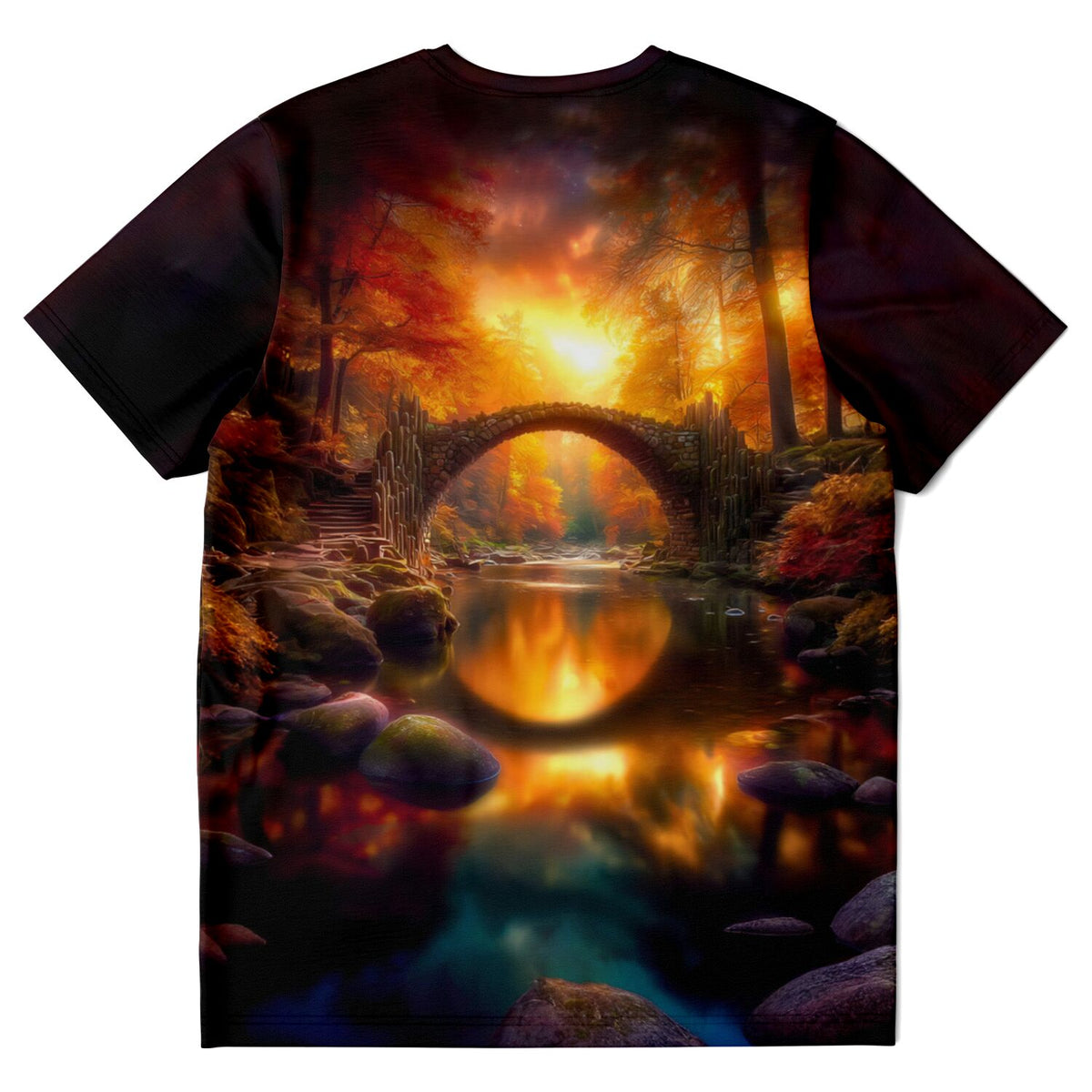 T-Shirt Motiv Brücke der ewigen Stunde im Herbstwald, inspiriert von Diamond Painting und Malen nach Zahlen Designs