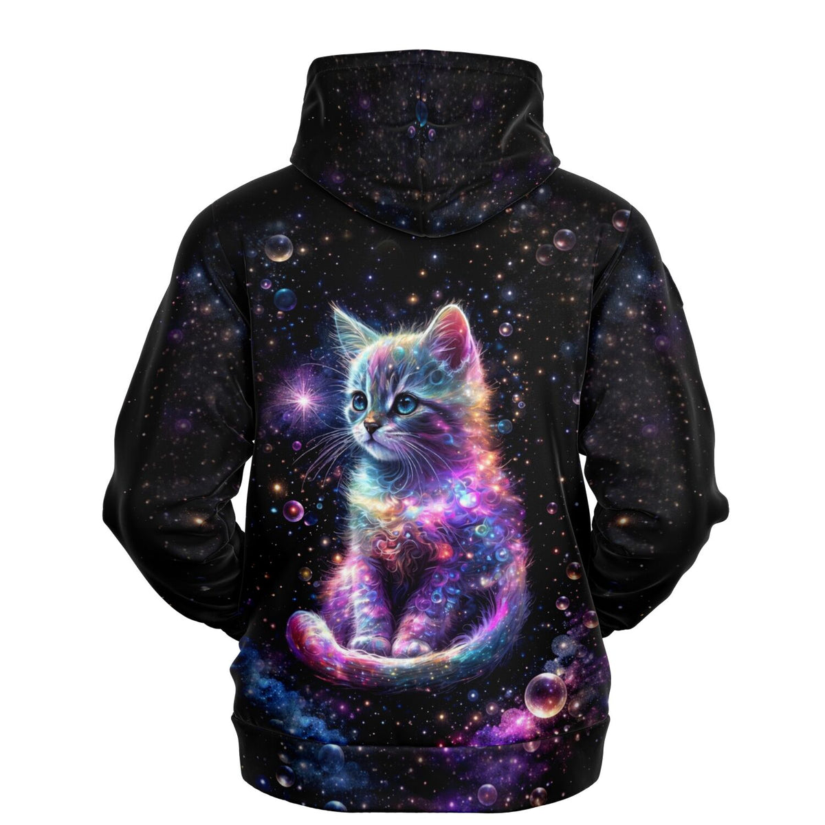 Schwarzer Dreamer Hoodie mit buntem Kätzchen Kunterbunt Motiv im Weltraum-Design, ideal für Diamond Painting Fans.