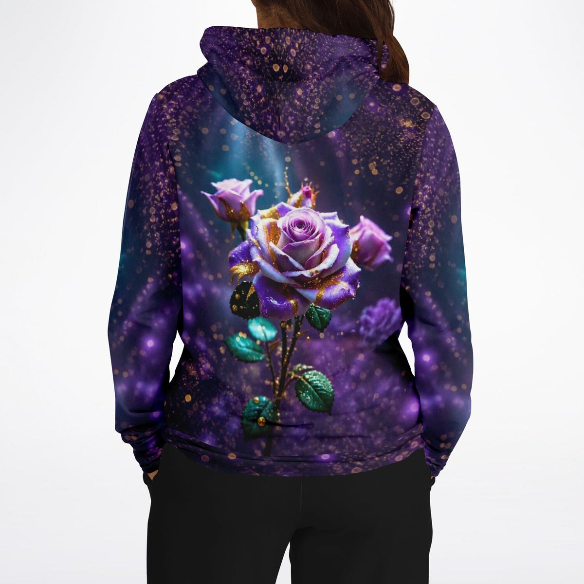 Dreamer Hoodie Amethystrose mit leuchtendem Rosen-Motiv in Violett und Gold, passend zum Diamond Painting Design
