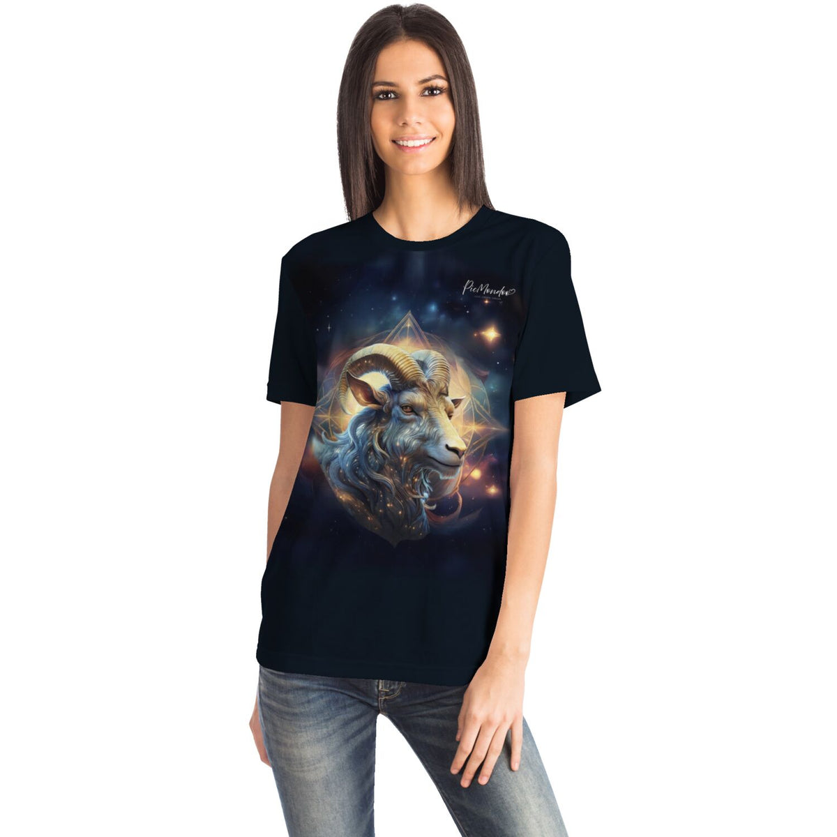 Schwarzes T-Shirt für Damen mit Sternzeichen Steinbock Motiv in galaktischem Design als stylisches Fan-Merchandise