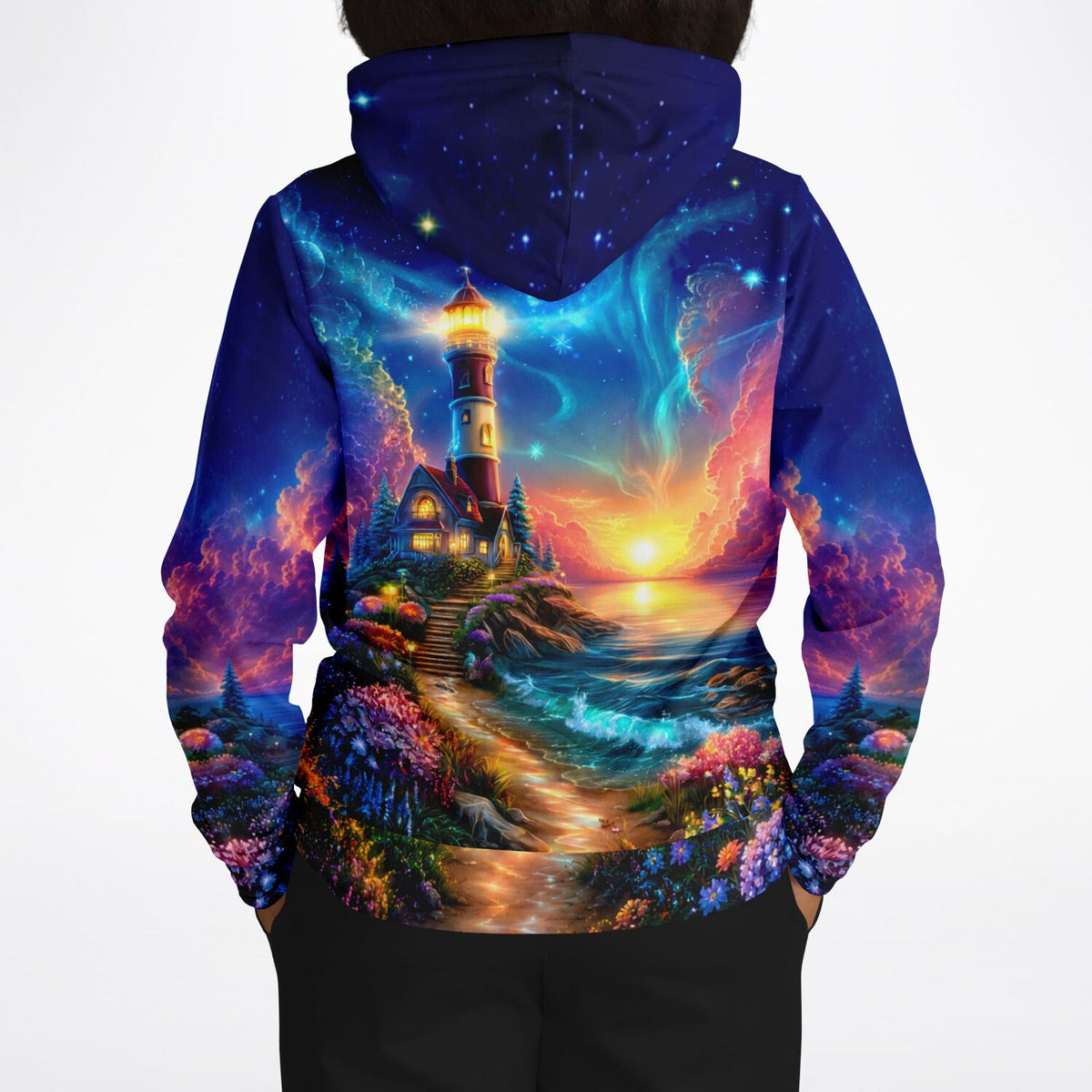 Dreamer Hoodie Wächter des Horizonts mit buntem Leuchtturm-Motiv im Stil von Diamond Painting und Malen nach Zahlen