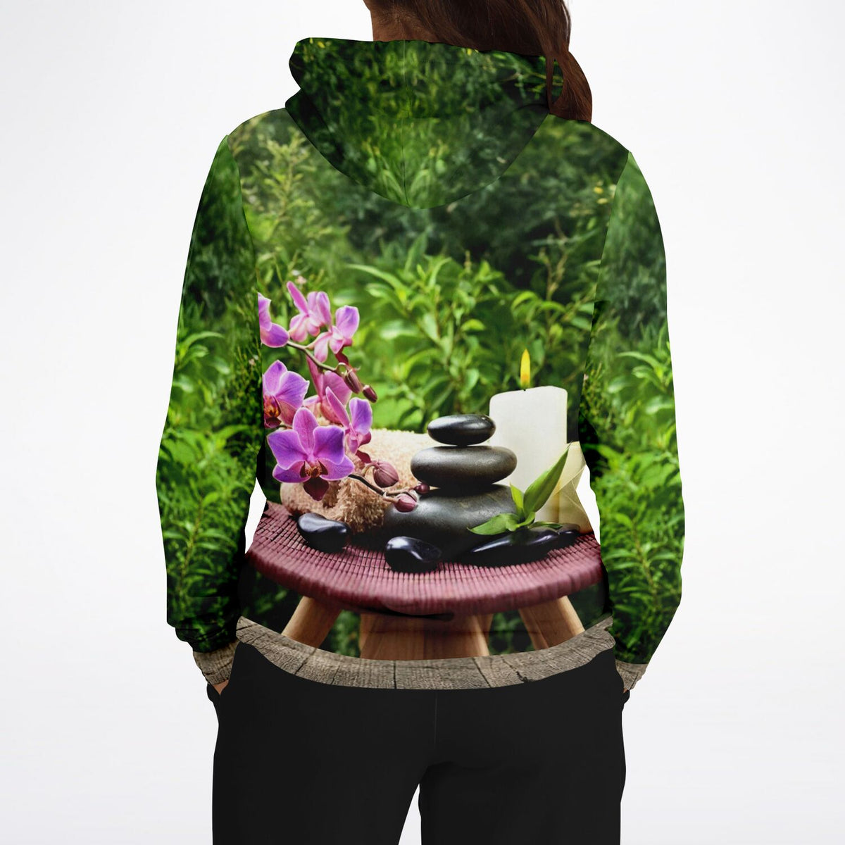 Dreamer Hoodie mit Wellness-Motiv: Orchideen und Zen-Steine, ideal kombinierbar mit Diamond Painting Oase der Entspannung