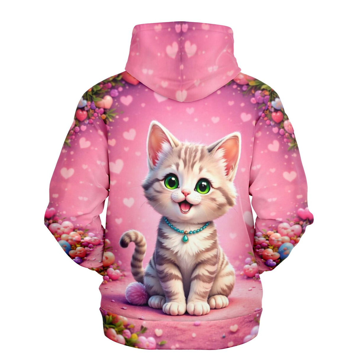 Rosa Dreamer Hoodie mit süßem Katzen-Motiv, Herz-Muster und Blumen, ideal für Liebhaber von Diamond Painting und Kunst