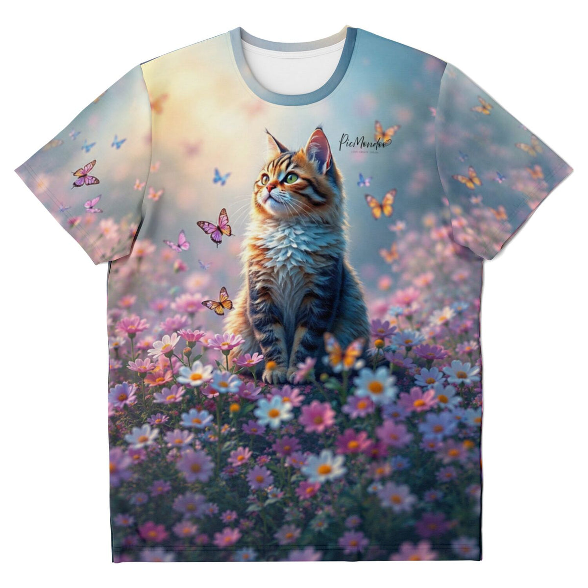 Dreamer T-Shirt mit Katzen-Motiv in Blumenwiese und Schmetterlingen, passend zu Diamond Painting und Malen nach Zahlen