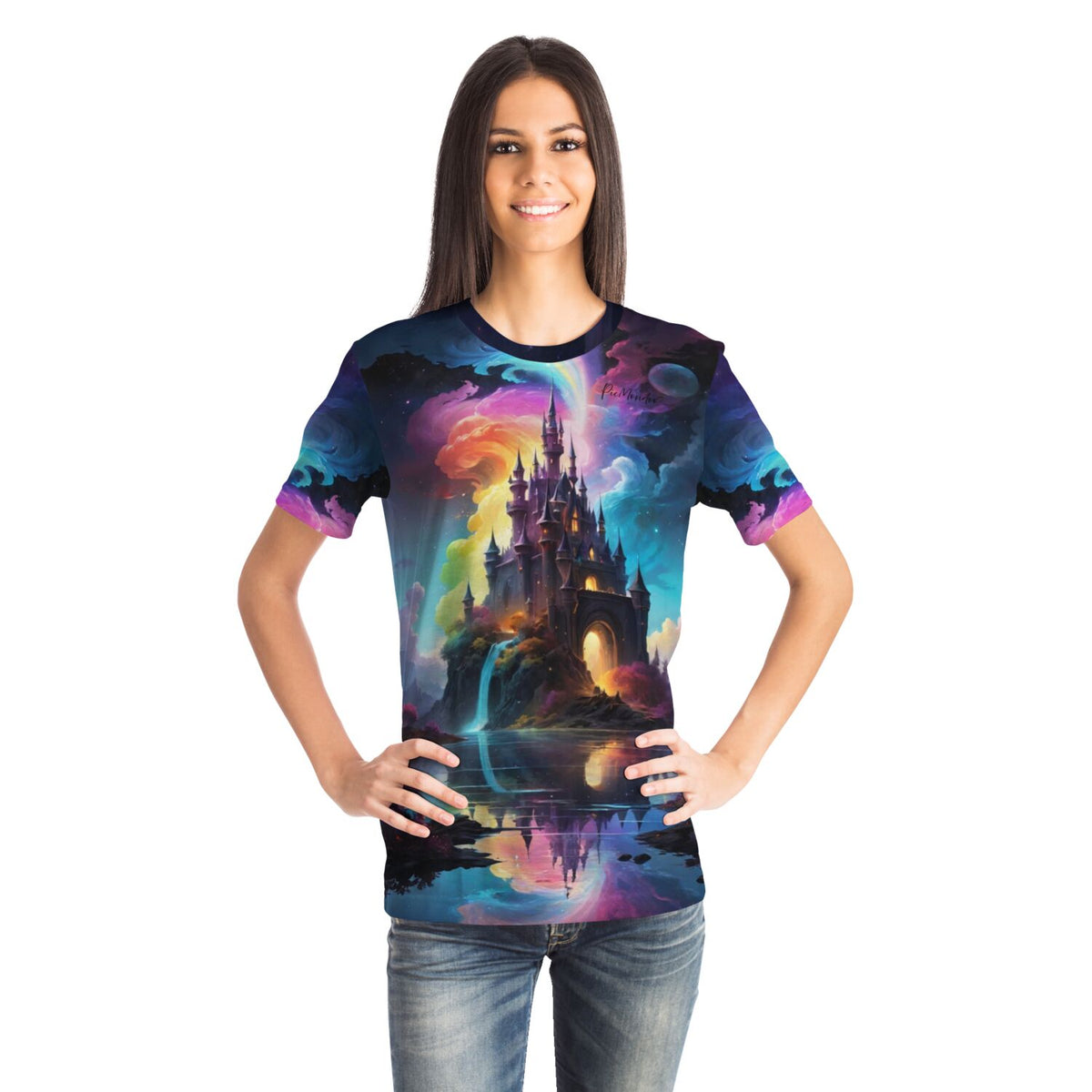 Frau trägt T-Shirt mit farbenfrohem Zauberschloss Motiv im Stil von Diamond Painting und Malen nach Zahlen Designs