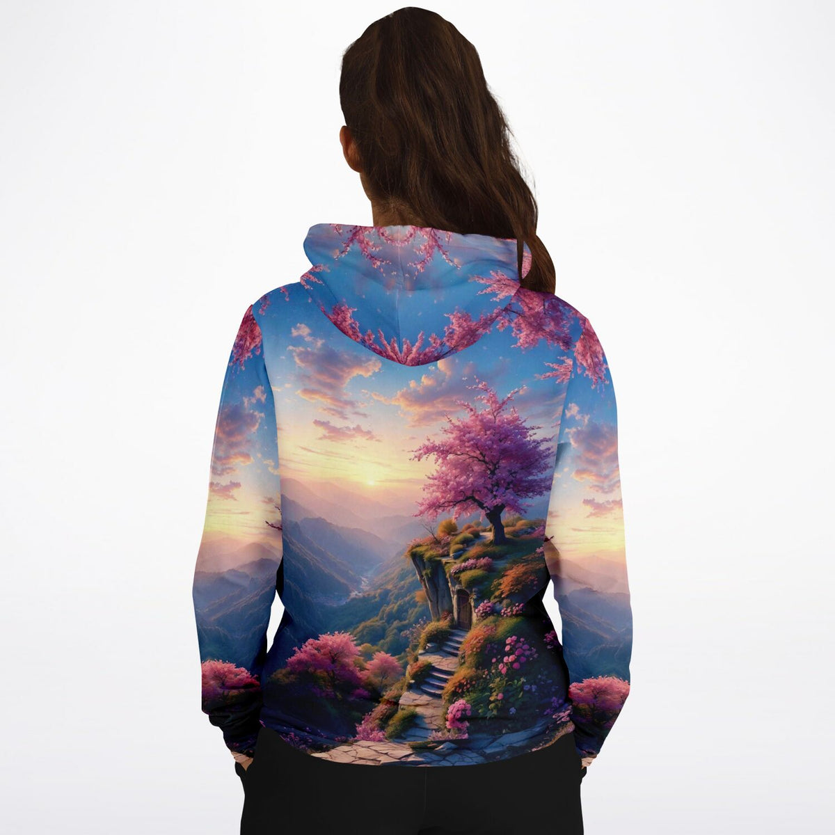 Dreamer Hoodie mit Morgendämmerung Motiv: Kirschblütenlandschaft im Stil von Diamond Painting und Malen nach Zahlen