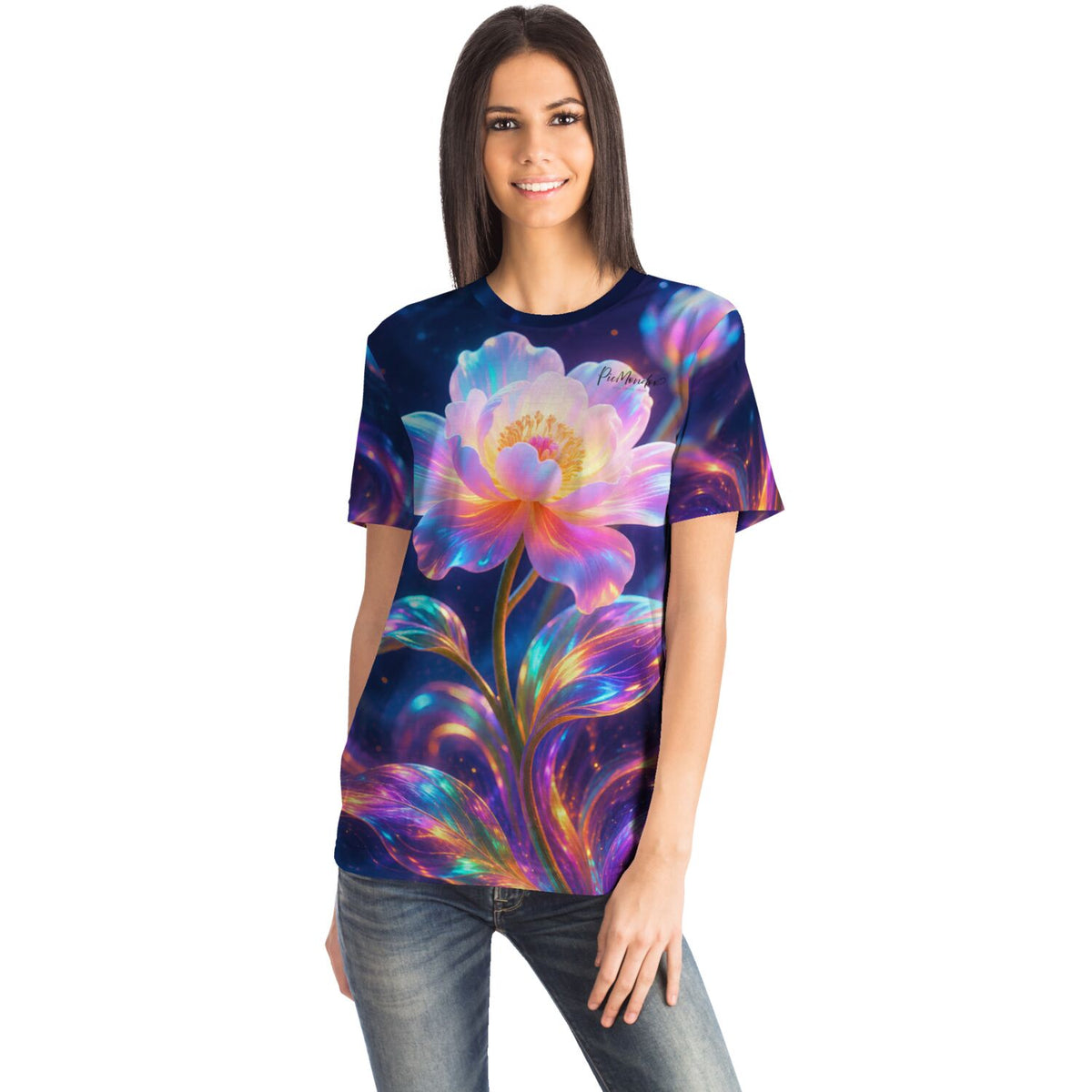 Frau trägt T-Shirt mit leuchtendem Blumen-Motiv im Stil von Diamond Painting Kunst und farbenfrohen abstrakten Details