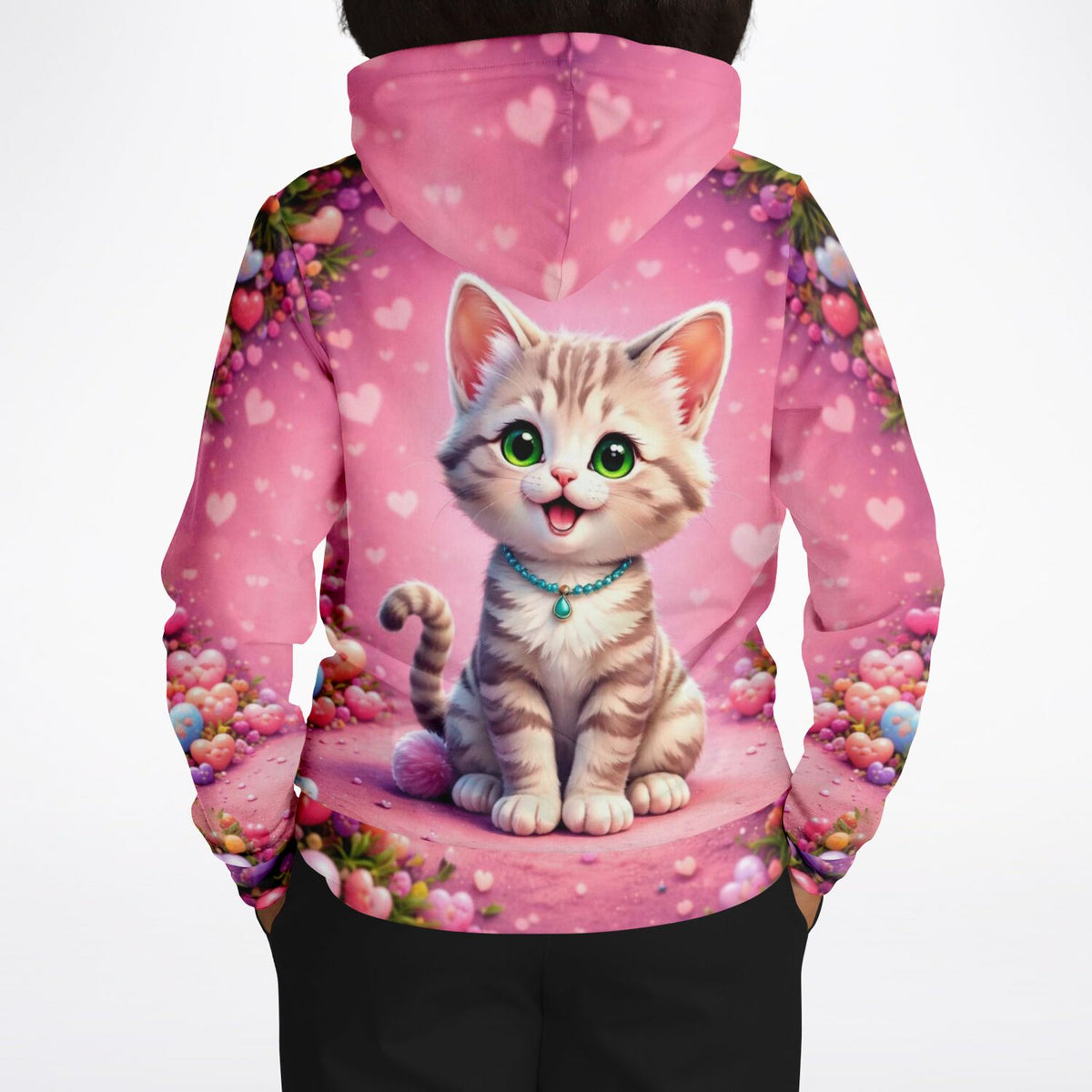 Rosa Dreamer Hoodie mit süßem Katzen-Motiv, Herz-Design und blumigen Details im angesagten AOP-Style für Fashion-Fans