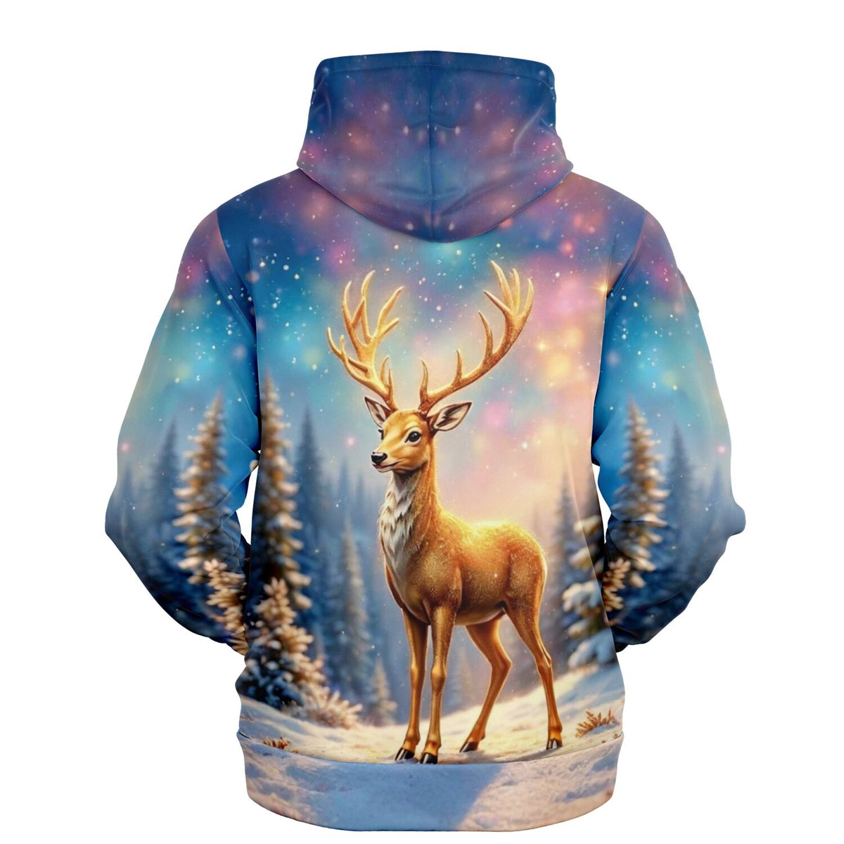 Dreamer Hoodie mit goldenem Hirsch im winterlichen Wald, passend zu Motiven für Diamond Painting und Malen nach Zahlen