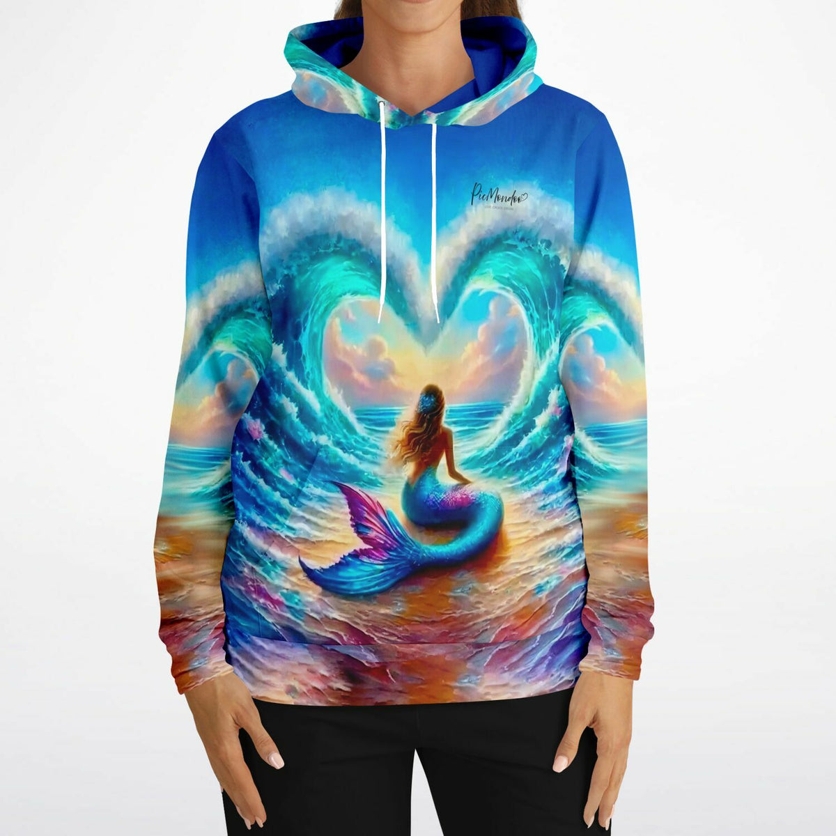 Dreamer Hoodie mit Meerjungfrau-Motiv und herzförmiger Welle, passend zu künstlerischem Diamond Painting Design