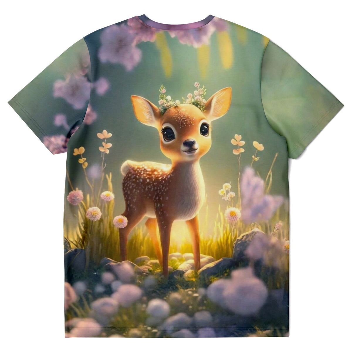 T-Shirt mit süßem Rehkitz Anabell, Blumenwiese-Motiv im Stil von Malen nach Zahlen Kunstwerken