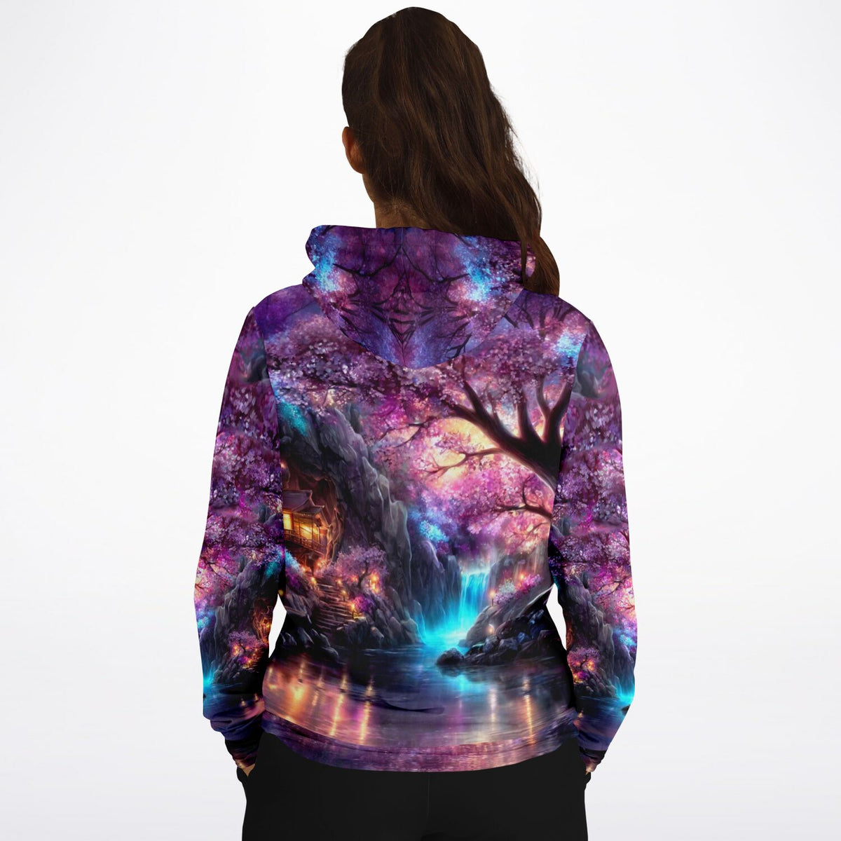 Dreamer Hoodie Licht der Sakura mit leuchtender japanischer Kirschblüten-Landschaft, Wasserfall und Tempel-Motiv