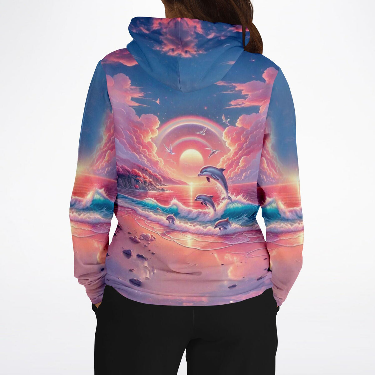 Dreamer Hoodie mit Delfin-Motiv, Strand, rosa Sonnenuntergang und Regenbogen im All-Over-Print Design