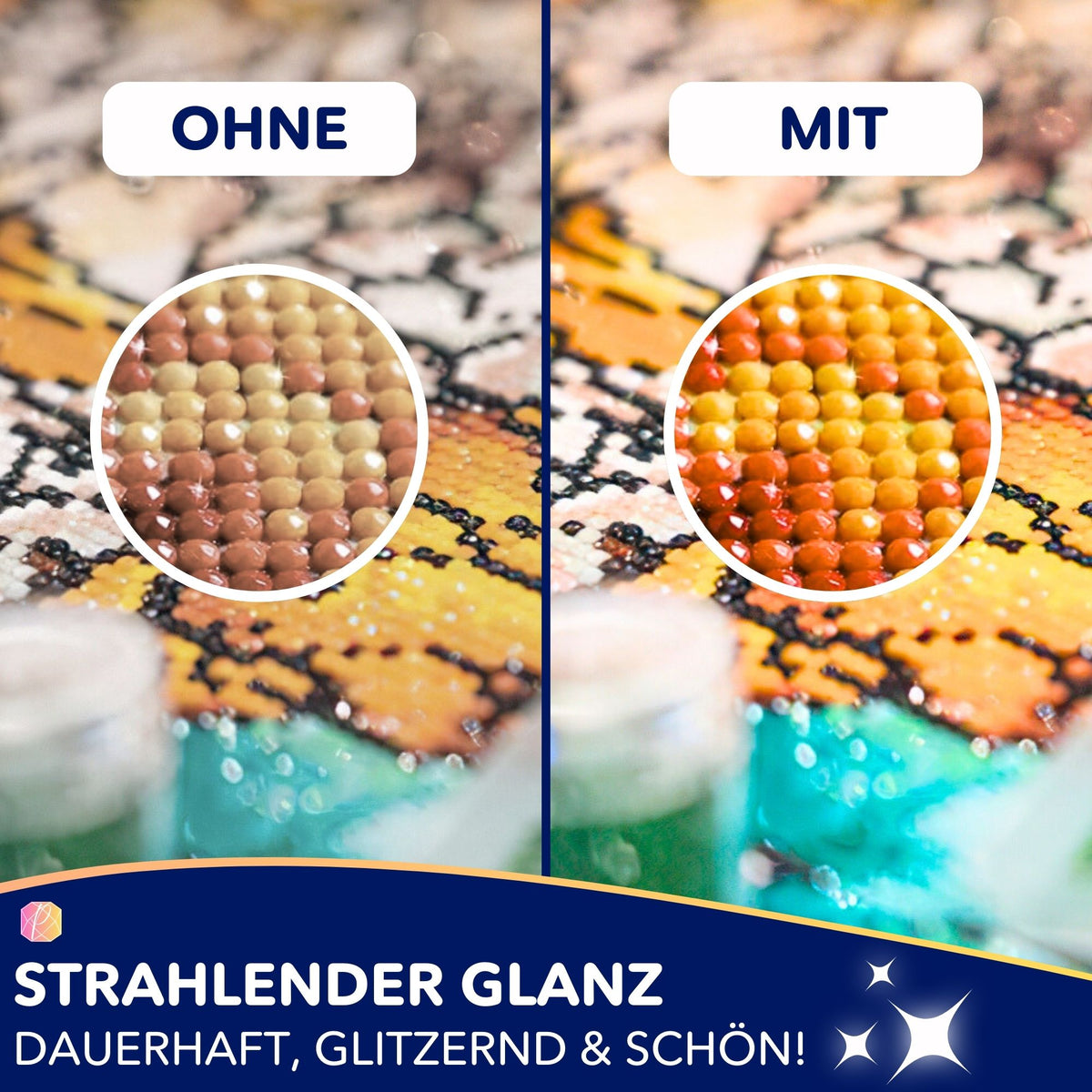 Diamond Painting Versiegelung für strahlenden Glanz: Vorher-Nachher-Vergleich mit glitzernden Steinchen auf der Leinwand.