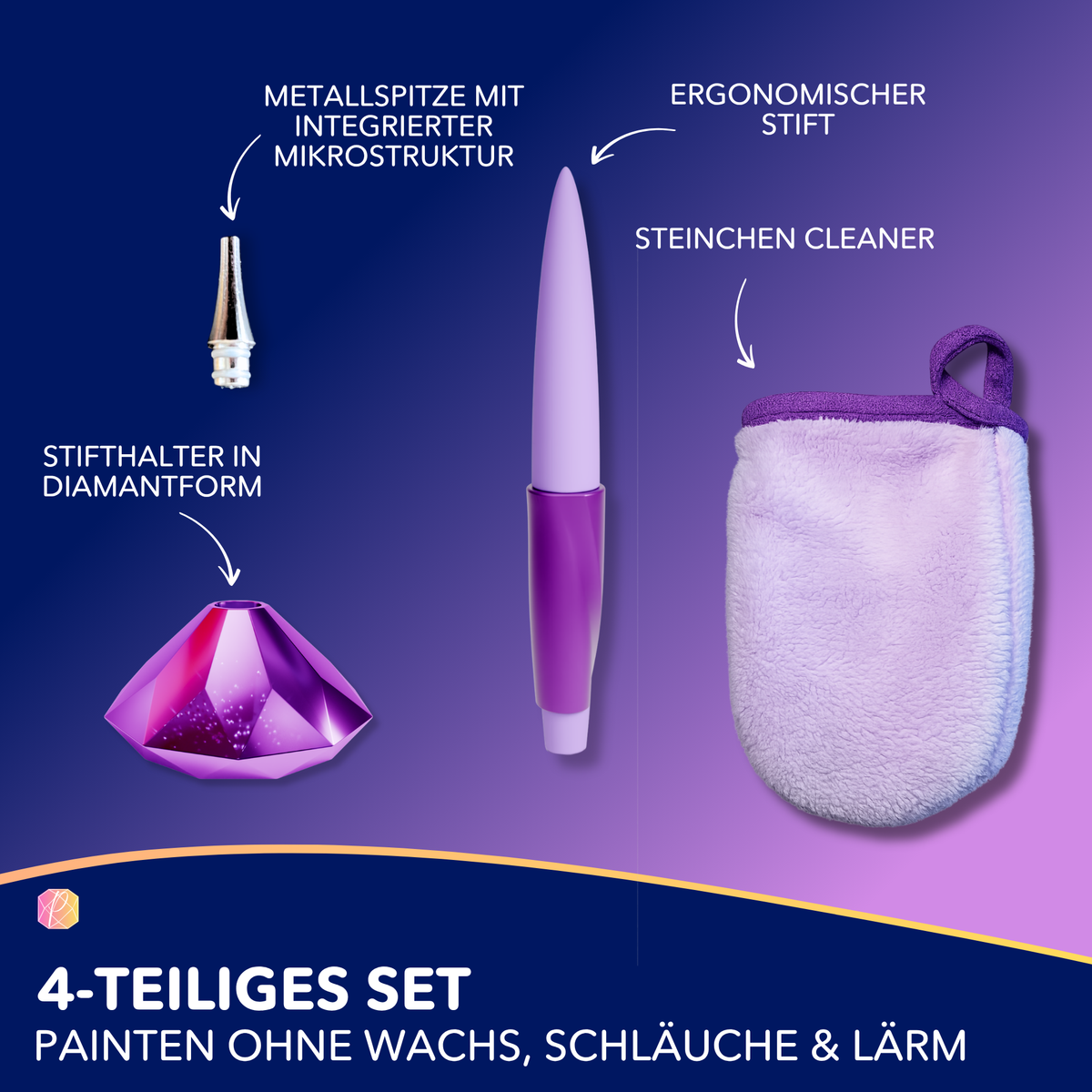 Flow-Pen Mini 4-teiliges Diamond Painting Set mit Stift, Mikrostruktur-Spitze, Stifthalter und Steinchen-Cleaner