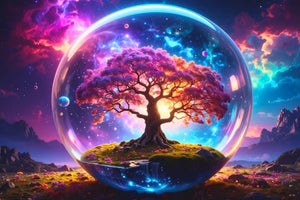 Diamond Painting Set Arbor Eternis mit fantasy Baum in einer Glaskugel vor einem farbenfrohen Galaxie-Himmel