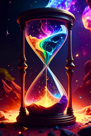 Funkelndes Diamond Painting Set Atem der Schöpfung mit einer magischen, bunten Sanduhr im Kosmos-Design.