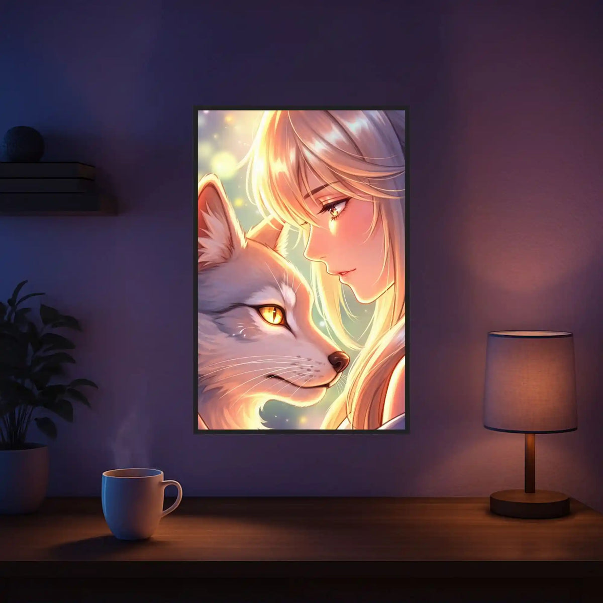 Diamond Painting Set Anime Mädchen mit Wolf in magischem Licht, vertrauensvolle Szene mit Glitzersteinen
